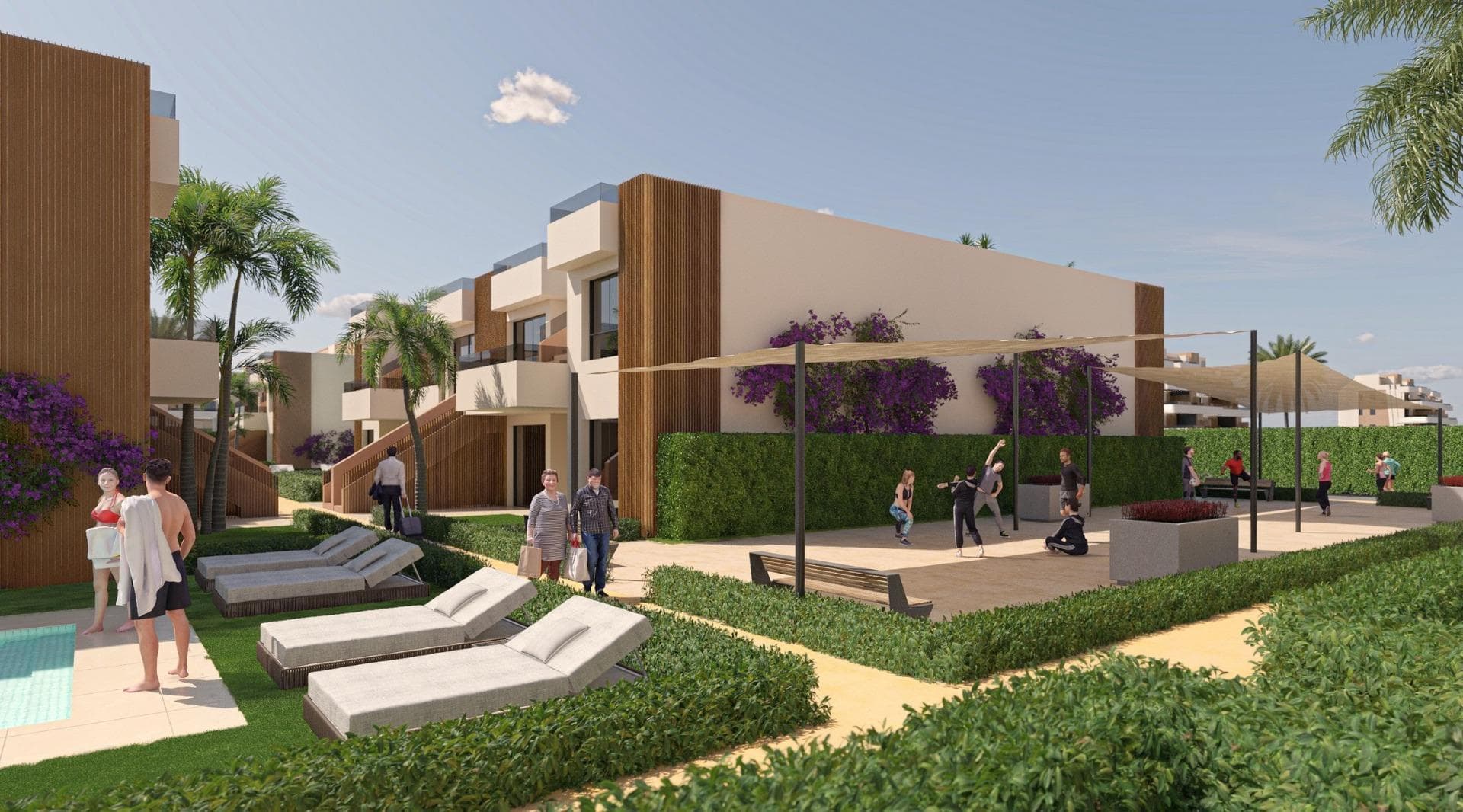 New Build Apartments, Bungalows and Villas in Condado de Alhama Golf Resort, Murcia&#13;&#13;Modern Homes Next to Golf and Nature&#13;Welcome to a new residential complex of bungalows, apartments, penthouses, and detached villas, located in the prestigious Condado de Alhama Golf Resort, in the region of Murcia. This private resort offers 24-hour security, beautifully landscaped gardens, and direct access to the Jack Nicklaus-designed golf course—making it an ideal destination for golf lovers and families seeking a tranquil Mediterranean lifestyle.&#13;&#13;Located just a short walk from the Al Kassar Shopping Center, residents enjoy proximity to shops, restaurants, bars, and essential services within the resort.&#13;&#13;Contemporary Design and High-Quality Construction&#13;The development offers bungalows with 2 or 3 bedrooms and 2 bathrooms, available in two types:&#13;&#13;Ground floor bungalows with a front garden and rear patio. Some units also include private parking within the garden.&#13;Top floor bungalows with a private porch and a spacious rooftop solarium offering spectacular views of the golf course and surrounding mountains.&#13;&#13;All homes are built with high standards of quality and include:&#13;&#13;Fitted kitchen with integrated fridge, oven, microwave, extractor hood, and dishwasher&#13;Ducted air conditioning pre-installation in the living room and bedrooms&#13;Modern bathrooms with shower screens, vanity units, mirrors, and ceiling spotlights&#13;Built-in wardrobes with drawers and shelving&#13;Aerothermal water heating system&#13;Electric aluminum shutters in bedrooms&#13;Reinforced security entrance door&#13;Outdoor summer kitchen in top-floor bungalows&#13;Interior and exterior lighting (except decorative lamps)&#13;TV and telephone points in all rooms&#13;&#13;Resort Lifestyle with Natural Surroundings&#13;Condado de Alhama is a secure, well-established resort surrounded by nature and mountains, ideal for outdoor living. Residents have access to a comunal swimming pool with solarium area, Mediterranean and tropical gardens, and plenty of walking and cycling routes within the complex.&#13;&#13;Excellent Access to Key Locations&#13;Murcia International Airport (Corvera): 40 km&#13;Beaches of Mazarrón: 25 km&#13;Murcia city center: 35 km&#13;Alhama de Murcia town: 15 km&#13;&#13;Secure Your New Home in Costa Cálida&#13;Whether you’re looking for a holiday escape, year-round residence, or investment opportunity, this development offers the ideal combination of modern design, comfort, and location.&#13;&#13;Contact us today to schedule your visit and find your perfect property in Condado de Alhama Golf Resort.&#13;