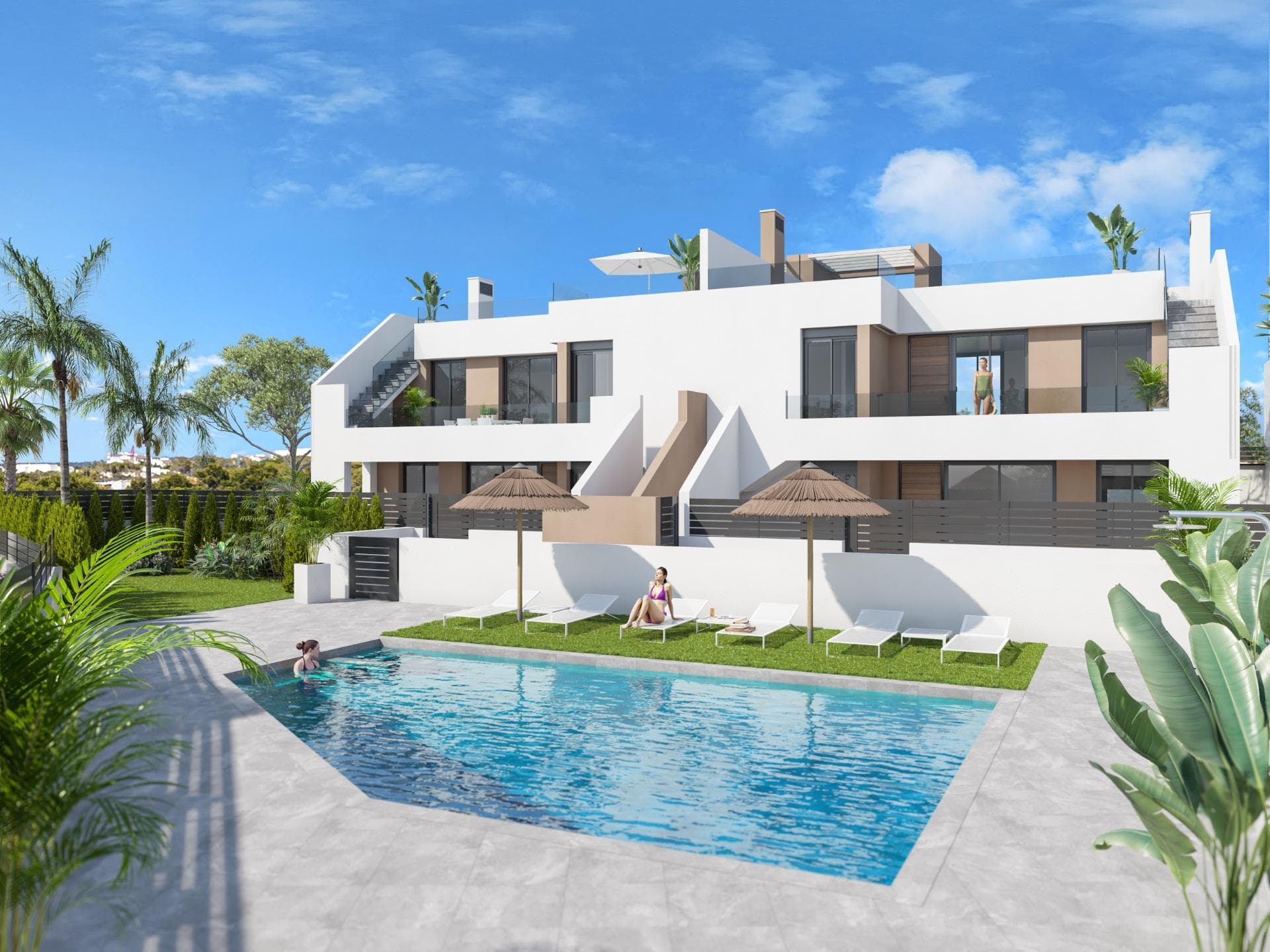 Newly built bungalows in Vera Playa, Almería: modern homes near the sea&#13;&#13;Contemporary living in Pueblo Salinas, just 2 km from the beach&#13;We are proud to present an impressive new residential development located in the sought-after area of Vera Playa, within the exclusive Pueblo Salinas urbanisation. This modern complex offers a privileged lifestyle just 2 km from the beaches of Vera (Almería), with spectacular sea views and a peaceful Mediterranean setting ideal for year-round living or enjoying your holidays.&#13;&#13;Elegant homes with modern comfort and style&#13;This new development consists of 18 high-quality bungalows. Choose from 2 or 3 bedroom layouts designed with functionality, comfort and style in mind. Options include:&#13;&#13;Ground floor with private gardens&#13;Upper floors with large solariums including summer kitchen and pergola with solar panels.&#13;&#13;All homes feature:&#13;&#13;Fully equipped open-plan kitchens with integrated fridge, dishwasher, induction hob, oven, microwave and extractor hood&#13;Bright, open-plan spaces with LED lighting throughout the home (except in the bedrooms)&#13;Motorised aluminium blinds in the bedrooms&#13;Bathrooms with modern finishes, including towel heaters, glass-enclosed shower trays and built-in furniture&#13;Pre-installation for ducted air conditioning&#13;Aerothermal system for efficient hot water production&#13;Security entrance door&#13;&#13;Exceptional community services&#13;Residents will enjoy access to a wide range of services designed to enhance comfort and leisure, including:&#13;&#13;Communal outdoor swimming pool perfect for the summer months&#13;Private parking space and storage room included with each property&#13;&#13;Prime location with excellent connections&#13;Vera Playa is a popular coastal destination known for its wide sandy beaches and relaxed lifestyle. The location of the development offers easy access to essential services and attractions:&#13;&#13;Beach: 2 km&#13;Desert Springs Golf Resort: 8 km&#13;Vera town centre: 5 km&#13;Garrucha marina and restaurants: 6 km&#13;Mojácar Retail Park: 10 km&#13;Almería Airport: 85 km (1 hour by car)&#13;&#13;Make Vera Playa your new home&#13;Whether you are looking for a permanent residence, a holiday retreat or a smart investment, these newly built apartments offer unbeatable value in one of the most sought-after areas of the Costa de Almería. Contact us today for more information and to schedule your visit.&#13;