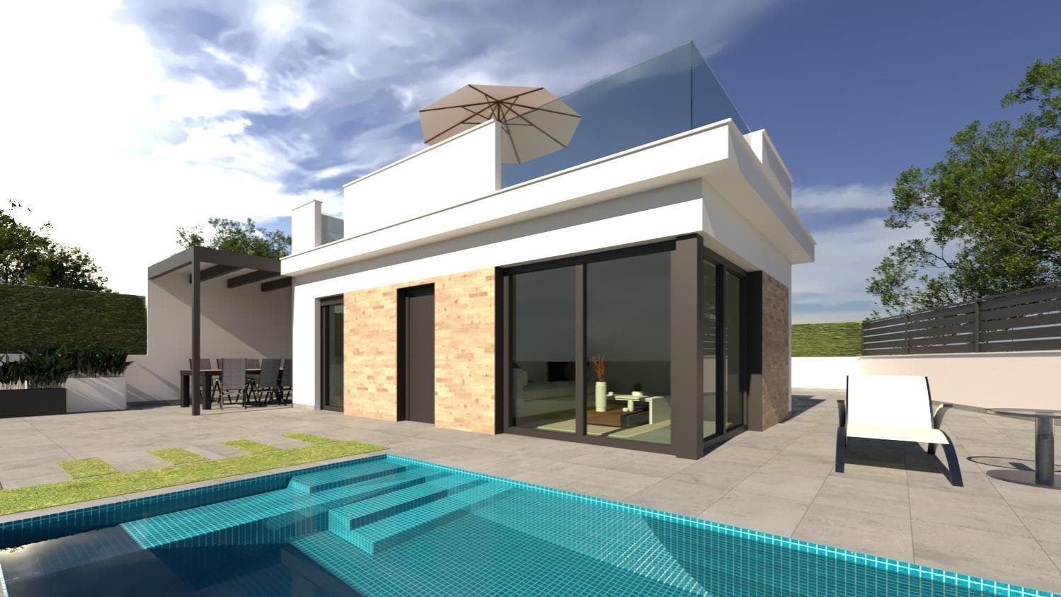 Newly Built Villas with Private Pool in Los Alcázares, Costa Cálida&#13;&#13;Exclusive Modern Villas Just 700 Metres from the Sea&#13;Discover this exclusive residential development of 9 new-build villas in Los Alcázares, one of the most sought-after locations on the Costa Cálida due to its proximity to the sea, relaxed atmosphere and excellent amenities. Each villa has a private pool, separate covered garage and has been designed to offer comfort, functionality and contemporary style.&#13;&#13;The properties are spread over one or two floors and have 3 bedrooms and 2 bathrooms, a fully equipped open-plan kitchen, a spacious living-dining room, a terrace and garden on the ground floor, and a private solarium on the roof with a summer kitchen. Thanks to their different orientations, you can enjoy the sun all day long, all year round.&#13;&#13;High-quality fittings&#13;These villas are designed with top quality materials and offer:&#13;&#13;Private swimming pool with outdoor shower&#13;Kitchen equipped with appliances: fridge, oven, built-in microwave, ceramic hob, extractor hood and integrated dishwasher&#13;Built-in wardrobes with drawers&#13;Fully fitted bathrooms with mirror cabinet and shower screens&#13;Pre-installation for air conditioning&#13;Installation of 2 solar panels&#13;Summer kitchen on the solarium&#13;Covered parking space on the plot&#13;&#13;Unbeatable location on the Costa Cálida&#13;Located just 700 metres from the beaches of the Mar Menor, these homes allow you to enjoy a unique natural environment with calm and warm waters. Los Alcázares combines a relaxed lifestyle with all amenities close at hand: supermarkets, restaurants, sports facilities and health centres. Ideal for both permanent residence and holidays.&#13;&#13;Distances to points of interest&#13;Mar Menor beach: 0.7 km&#13;Golf courses (Roda, La Serena, Mar Menor Golf): between 3 and 10 km&#13;Murcia International Airport: 30 km&#13;Cartagena: 22 km&#13;Dos Mares shopping centre: 13 km&#13;Los Alcázares marina: 2 km&#13;&#13;Your haven of sunshine and tranquillity in the Mediterranean&#13;These villas offer the perfect combination of modern design, privacy, comfort and a privileged location.&#13;&#13;Contact us today and schedule your visit to discover your next home by the sea.&#13;