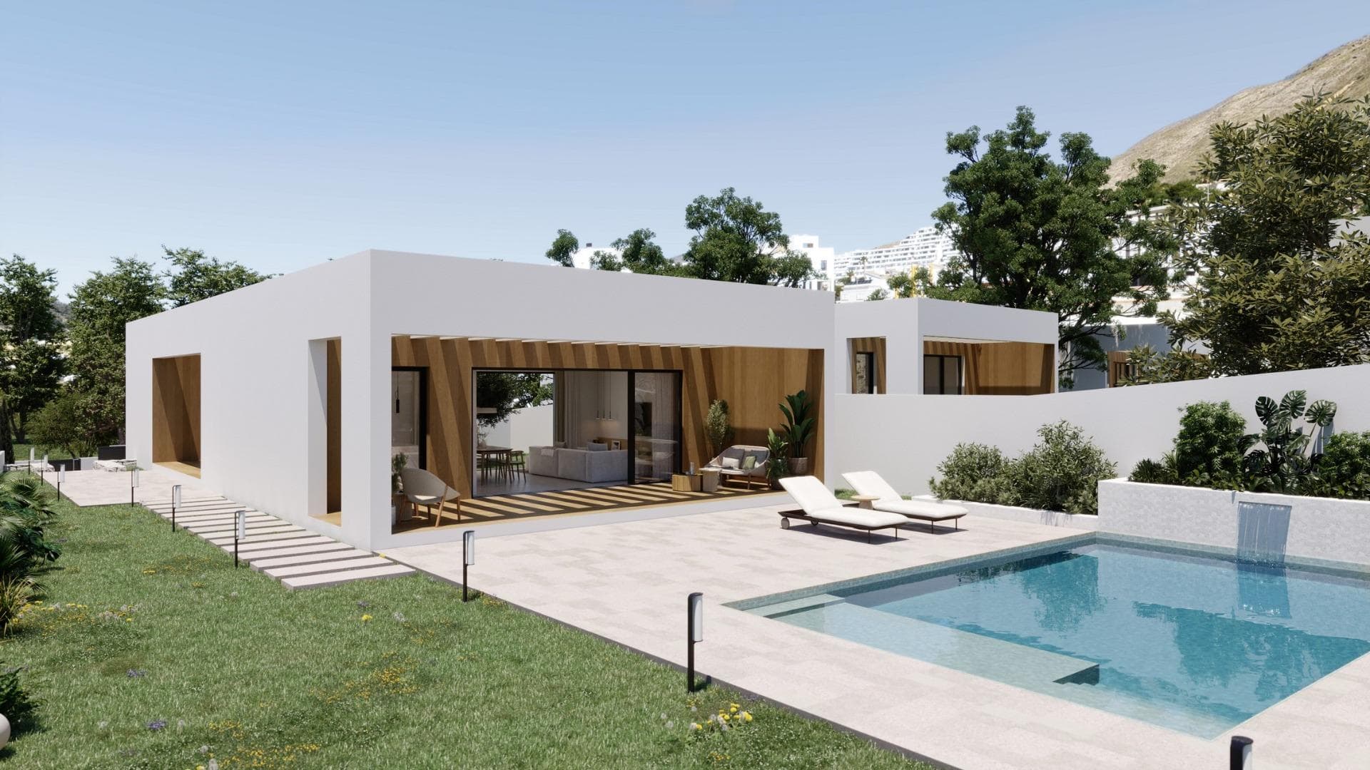 Modern Single-Storey Villas with Private Pool in Finestrat – Tranquility Meets Coastal Living&#13;&#13;Exclusive New Build Villas on Spacious Plots&#13;Discover an exclusive collection of 7 new build villas in Finestrat, each thoughtfully designed on a single floor with 3 bedrooms, 2 bathrooms, and 1 guest toilet. Set on generous plots of over 600 m², these properties offer an ideal blend of space, privacy, and elegance. Surrounded by lush Mediterranean landscaping and mountain views, these homes deliver a serene lifestyle just minutes from the vibrant coast of Benidorm.&#13;&#13;Elegant Design and Premium Outdoor Spaces&#13;Every villa is conceived as a peaceful oasis, featuring modern architecture and natural elements. The entrance welcomes you with a wide, elegant driveway and a covered carport. A landscaped garden filled with native plants and blooming trees sets the tone for a tranquil lifestyle.&#13;&#13;At the center of the home, a private courtyard adds charm and natural light, while the expansive garden includes a beautiful private pool surrounded by greenery and sunbathing areas. This outdoor sanctuary is perfect for entertaining or simply relaxing under the Mediterranean sun.&#13;&#13;High-Quality Finishes and Comfort&#13;These villas are built to high standards, with premium finishes and thoughtful features including:&#13;Double-glazed aluminium windows with thermal break for energy efficiency&#13;Fully equipped bathrooms with furniture, mirrors, and walk-in showers with screens&#13;Pre-installation for ducted air conditioning for year-round climate control&#13;Motorized vehicle access gate&#13;Private pool and landscaped garden&#13;Elegant modern kitchen and open-plan living space filled with natural light&#13;&#13;Prime Location in Finestrat, Close to Benidorm and the Coast&#13;Located in the picturesque town of Finestrat, these villas enjoy excellent connectivity to services and amenities:&#13;Beaches of Benidorm: less than 3 km&#13;La Marina Shopping Centre: 1 km&#13;Puig Campana Golf: 3 km&#13;Benidorm Old Town and entertainment area: 4 km&#13;Alicante International Airport: 55 km (approx. 40 minutes by car)&#13;&#13;Easy access to the A7 motorway for fast travel to Alicante, Valencia, and beyond&#13;&#13;This location offers the peace of a natural setting with quick access to shops, restaurants, golf courses, and the Mediterranean coast.&#13;&#13;Experience luxury, comfort, and nature in perfect harmony. Contact us now to schedule a visit or request more information about these unique villas in Finestrat.&#13;