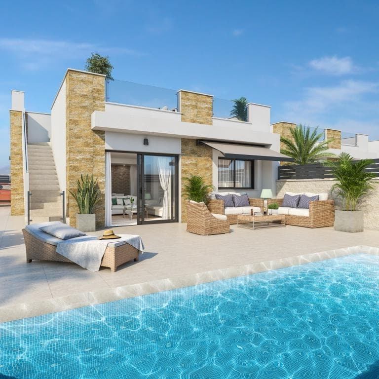 New Build Villas with Private Pool in Oasis de la Marina, Costa Blanca&#13;&#13;Modern homes in a quiet location near the beach&#13;&#13;Discover this exclusive development of 15 detached and semi-detached new-build villas, located in the Oasis de La Marina residential area in the municipality of San Fulgencio. These elegant, contemporary-designed homes are built on one floor and are just 4.5 km from the spectacular beaches of the Costa Blanca. An ideal setting for both permanent living and holiday getaways, in a quiet but well-connected area.&#13;&#13;Functional layout and design for maximum comfort&#13;Each villa has a practical and bright layout, designed for enjoying the Mediterranean lifestyle:&#13;3 bedrooms with fitted wardrobes&#13;2 full bathrooms with furniture and glass screens&#13;Fully equipped open-plan kitchen with extractor hood and osmosis system&#13;Spacious living-dining room with direct access to the garden&#13;Private solarium&#13;Private garden with swimming pool and solarium area&#13;Parking space on the plot&#13;&#13;Complete equipment and energy efficiency&#13;These villas are designed with high-quality materials and energy-efficient solutions:&#13;Hot and cold air conditioning system&#13;Installation of photovoltaic solar panels&#13;Interior and exterior LED lighting&#13;Electric aluminium blinds&#13;Private pool in each property&#13;Private parking within the plot&#13;&#13;Natural surroundings and nearby amenities&#13;Oasis de La Marina is a quiet residential area surrounded by nature, between the towns of San Fulgencio, La Marina and Guardamar del Segura. The location offers proximity to all the necessary amenities for everyday life, as well as leisure and sports options.&#13;&#13;Nearby points of interest:&#13;Nearest beach: 4.5 km&#13;La Marquesa golf course: 6 km&#13;Habaneras shopping centre (Torrevieja): 15 km&#13;Alicante airport: 29 km&#13;Murcia airport: 66 km&#13;Quick access to the N-332 national road&#13;&#13;Enjoy the Mediterranean lifestyle in a privileged setting&#13;&#13;These villas represent an excellent opportunity for those seeking tranquillity, privacy and proximity to the sea. Contact us today for more information or to arrange a viewing of these exclusive new-build properties in San Fulgencio.&#13;