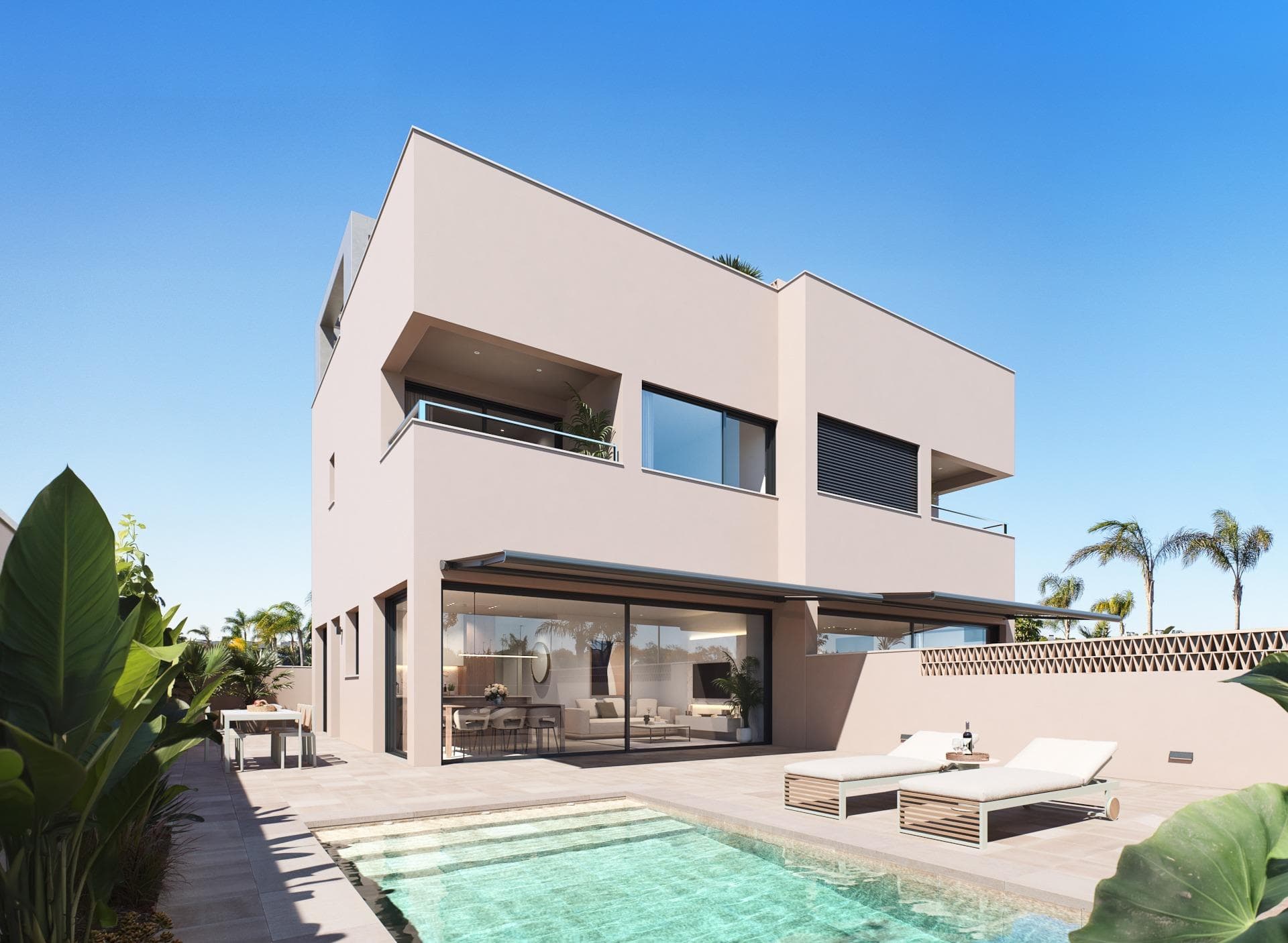 Exclusive residential development of 2 luxury semi-detached villas with sea views on Las Higuericas beach, Torre de la Horadada.&#13;&#13;Discover these impressive semi-detached homes located in Torre de la Horadada, on the second line of Las Higuericas beach. With a modern and elegant design, spacious rooms and top quality materials, these properties have been designed to offer maximum comfort and exclusivity.&#13;&#13;With a 5×3m private pool, parking on the plot and a 40 m2 solarium: a spectacular open space ideal for a chill-out area, barbecue or enjoying the sun and unobstructed views.&#13;&#13;Each villa has independent access from the surrounding streets, as there are no adjacent buildings.&#13;With quiet streets and large green areas around the residential complex, these properties are ideal for young families.&#13;The villas have a plot of 170 m2 and a built area of 135 m2.&#13;&#13;The villas are built with three bedrooms and three bathrooms (two of them en-suite) on two floors. The kitchen is fully fitted with the possibility of customisation and includes appliances. Following an open-plan concept, the dining room is surrounded by large windows, providing a pleasant source of natural light, with direct access to the pool and gardens finished with lighting, irrigation and local vegetation.&#13;&#13;The selected finishes, with top quality materials, the customised luxury design and maximum comfort, together with ducted air conditioning and heating included in all areas, make the villa enjoyable in the hot summers and also in the mild winters, making it possible to live here all year round.&#13;&#13;Located in one of the best areas of the Costa Blanca, these properties offer a peaceful environment, yet with all amenities nearby: restaurants, supermarkets, golf and shopping centres.&#13;&#13;The two semi-detached villas are located on the second line of the beach in Las Higuericas, in Torre de la Horadada, a paradise in every way, where you can enjoy the seafront, the immensity of the Mediterranean Sea, the promenade, refreshing swims in the sea, water sports, sailing, surfing, snorkelling and only 8 km from Lo Romero Golf, one of the 21 golf courses on the Costa Blanca.&#13;&#13;It is 5 minutes from the marina of La Torre de la Horadada and 10 minutes from the marinas of San Pedro del Pinatar, and the best restaurants where you can sample the finest Mediterranean cuisine.&#13;&#13;Not to mention the proximity of the AP7 motorway, which connects our residential area with two airports with international destinations, Corvera, 44 km away, and Altet, Alicante, 75 km away.&#13;&#13;The nearest town to the development is Pilar de la Horadada, 1 km away, a quiet village with all kinds of services, schools, health centres, police, pharmacies, etc.&#13;&#13;There are also two shopping areas nearby, the Dos Mares Shopping Centre in San Javier, 5 minutes away by car, and La Zenia Boulevard in Orihuela Costa, 15 minutes away by car.&#13;