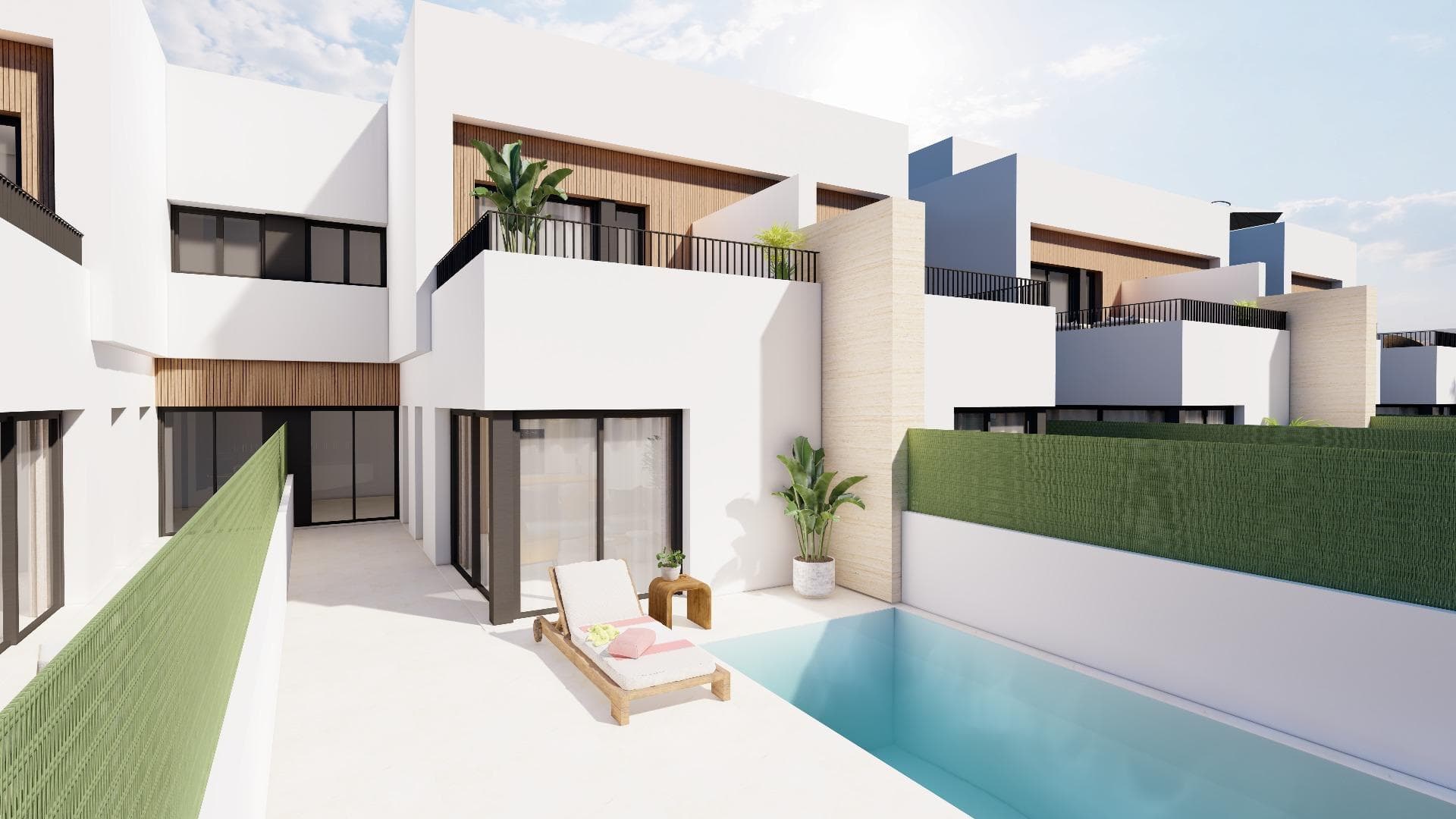 Modern semi-detached villas with private pool near the sea in Santiago de la Ribera&#13;&#13;Located in the San Blas area of Santiago de la Ribera, Murcia, one of the most attractive areas of the Mar Menor.&#13;This development is designed with 12 villas with 3 bedrooms and 2/3 bathrooms, including a private pool, terrace and solarium with summer kitchen in selected homes.&#13;&#13;&#13;The villas feature elegant and functional interiors, fully equipped kitchens with all appliances, and pre-installation for ducted air conditioning.&#13;This development offers a unique opportunity to enjoy design, comfort and style just a few minutes from the sea.&#13;&#13;Exclusive new-build development just 1 km from the beach&#13;Discover this limited edition development of semi-detached villas located in Santiago de la Ribera, a charming coastal town on the Murcian coast, known for its relaxed lifestyle, clean beaches and excellent year-round climate. These new homes are located just 1 km from the coast of the Mar Menor, offering the perfect combination of privacy, comfort and proximity to essential services and leisure options.&#13;&#13;Contemporary design with functional layout&#13;Each villa is carefully laid out over two floors and some units enjoy a rooftop solarium, providing ample space for modern living. The properties feature:&#13;&#13;3 spacious bedrooms, including one on the ground floor&#13;2 or 3 full bathrooms.&#13;Private garden and swimming pool.&#13;Terrace on the first floor and some units with a rooftop solarium, ideal for sunbathing or entertaining guests.&#13;Private parking within the plot.&#13;In addition, two of the homes have photovoltaic panels installed for energy savings.&#13;&#13;High-quality finishes and features&#13;Built with attention to detail and to modern standards, the homes include:&#13;Secured entrance door&#13;Motorised aluminium shutters&#13;Fitted kitchen with appliances&#13;Bathroom furniture with mirror and light&#13;Porcelain shower tray made to measure for the bathroom with screens installed&#13;Pre-installation of ducted air conditioning&#13;&#13;These homes are designed to be enjoyed all year round, whether as a main residence, second home or investment for holiday rentals.&#13;&#13;Privileged location on the Costa Cálida&#13;Santiago de la Ribera offers a dynamic Mediterranean lifestyle with everything close at hand:&#13;&#13;Beach (Mar Menor) – 1 km&#13;La Ribera shopping centre – 2 km&#13;Roda Golf – 5 km&#13;San Javier Airport – 6 km&#13;Lo Pagán marina – 4 km&#13;Dos Mares shopping centre – 3 km&#13;Excellent road access to Murcia (40 km) and Cartagena (30 km)&#13;&#13;With its rich local culture, weekly markets, promenades and water sports options, Santiago de la Ribera is an ideal place to enjoy the best of the Costa Cálida.&#13;&#13;Make your dream of living on the coast a reality&#13;Don't miss this unique opportunity to purchase an elegant, newly built villa in one of the most sought-after areas of the Murcian coast.&#13;Contact us now for more information or to arrange a viewing.&#13;