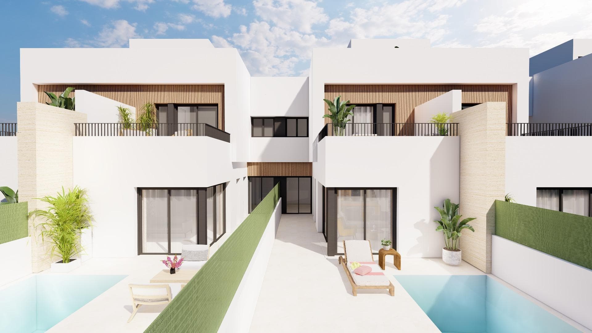 Modern semi-detached villas with private pool near the sea in Santiago de la Ribera&#13;&#13;Located in the San Blas area of Santiago de la Ribera, Murcia, one of the most attractive areas of the Mar Menor.&#13;This development is designed with 12 villas with 3 bedrooms and 2/3 bathrooms, including a private pool, terrace and solarium with summer kitchen in selected homes.&#13;&#13;&#13;The villas feature elegant and functional interiors, fully equipped kitchens with all appliances, and pre-installation for ducted air conditioning.&#13;This development offers a unique opportunity to enjoy design, comfort and style just a few minutes from the sea.&#13;&#13;Exclusive new-build development just 1 km from the beach&#13;Discover this limited edition development of semi-detached villas located in Santiago de la Ribera, a charming coastal town on the Murcian coast, known for its relaxed lifestyle, clean beaches and excellent year-round climate. These new homes are located just 1 km from the coast of the Mar Menor, offering the perfect combination of privacy, comfort and proximity to essential services and leisure options.&#13;&#13;Contemporary design with functional layout&#13;Each villa is carefully laid out over two floors and some units enjoy a rooftop solarium, providing ample space for modern living. The properties feature:&#13;&#13;3 spacious bedrooms, including one on the ground floor&#13;2 or 3 full bathrooms.&#13;Private garden and swimming pool.&#13;Terrace on the first floor and some units with a rooftop solarium, ideal for sunbathing or entertaining guests.&#13;Private parking within the plot.&#13;In addition, two of the homes have photovoltaic panels installed for energy savings.&#13;&#13;High-quality finishes and features&#13;Built with attention to detail and to modern standards, the homes include:&#13;Secured entrance door&#13;Motorised aluminium shutters&#13;Fitted kitchen with appliances&#13;Bathroom furniture with mirror and light&#13;Porcelain shower tray made to measure for the bathroom with screens installed&#13;Pre-installation of ducted air conditioning&#13;&#13;These homes are designed to be enjoyed all year round, whether as a main residence, second home or investment for holiday rentals.&#13;&#13;Privileged location on the Costa Cálida&#13;Santiago de la Ribera offers a dynamic Mediterranean lifestyle with everything close at hand:&#13;&#13;Beach (Mar Menor) – 1 km&#13;La Ribera shopping centre – 2 km&#13;Roda Golf – 5 km&#13;San Javier Airport – 6 km&#13;Lo Pagán marina – 4 km&#13;Dos Mares shopping centre – 3 km&#13;Excellent road access to Murcia (40 km) and Cartagena (30 km)&#13;&#13;With its rich local culture, weekly markets, promenades and water sports options, Santiago de la Ribera is an ideal place to enjoy the best of the Costa Cálida.&#13;&#13;Make your dream of living on the coast a reality&#13;Don't miss this unique opportunity to purchase an elegant, newly built villa in one of the most sought-after areas of the Murcian coast.&#13;Contact us now for more information or to arrange a viewing.&#13;