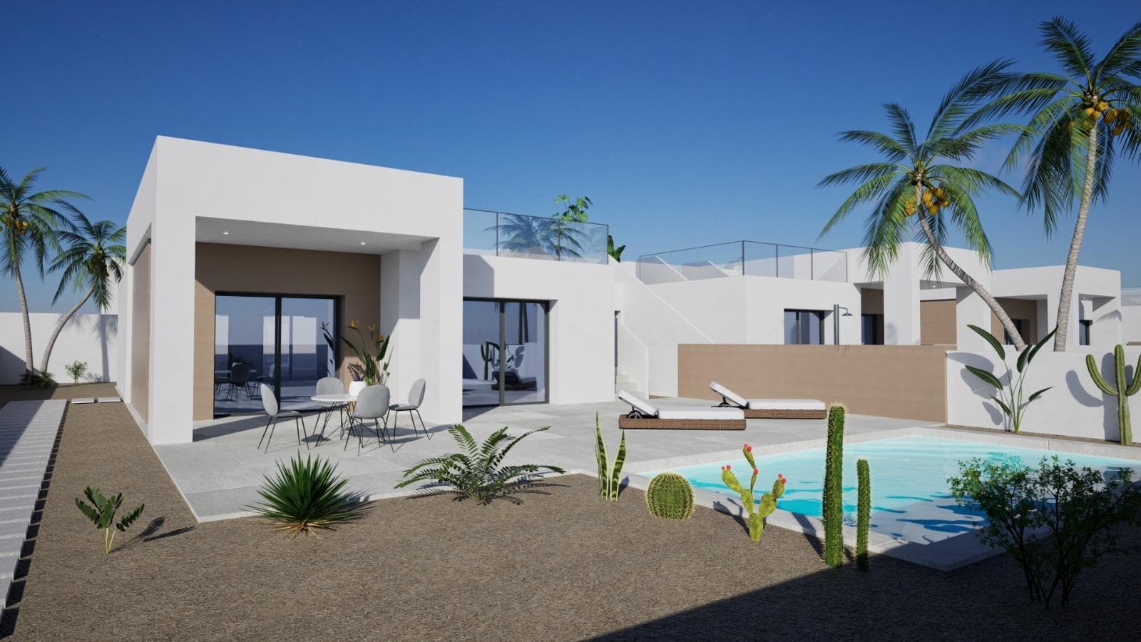 Modern Style Villas in La Romana, AlicanteExclusive New Build Homes in a Charming Spanish VillageThese Modern-style new build villas in La Romana are designed for those seeking peace, comfort, and the authentic Spanish lifestyle. Located on plots of 370 m² in a residential area on the outskirts of the village, the homes are just a short walk from the town center, where you can enjoy traditional restaurants, shops, and all daily services. Surrounded by vineyards, almond groves, and mountain landscapes, La Romana offers a unique rural setting while being only 30 minutes from the coast.Spacious Design with Modern ComfortEach villa offers 127 m² of built space distributed across 3 bedrooms and 2 bathrooms, including a master suite with ensuite bathroom. The open-plan living and dining area integrates seamlessly with a furnished kitchen and direct access to the terrace and private pool. Additional features include a storage room/laundry area and private parking within the plot. For those who want extra outdoor space, there is the option to add a rooftop solarium at an additional cost.Premium Features IncludedThese villas are built with quality finishes and come fully equipped with:Private pool of 6 x 3.5 mAir conditioning with heat pump (installation and unit included)Modern kitchen with white cabinetry and granite countertopsLED lighting throughout the home and on the porchDouble glazing, white interior doors, and built-in wardrobesDelivery is scheduled 14 months from reservation, ensuring a brand-new, personalized home.Ideal Location in the Alicante CountrysideLa Romana is a traditional Spanish village in the interior of Alicante, known for its welcoming community and natural surroundings. Its location provides the perfect balance of tranquility and accessibility:Aspe – 8 kmElche – 18 kmAlicante Airport – 35 kmBeaches of the Costa Blanca – 30 kmGolf Courses (Font del Llop &amp; Alenda) – 20 kmAlicante City – 32 kmYour Mediterranean Lifestyle AwaitsIf you are looking for a peaceful environment surrounded by mountains, vineyards, and charming Spanish towns, yet close to the Mediterranean coast, these villas in La Romana are the perfect choice. Contact us today for more information and secure your new home in Alicante.