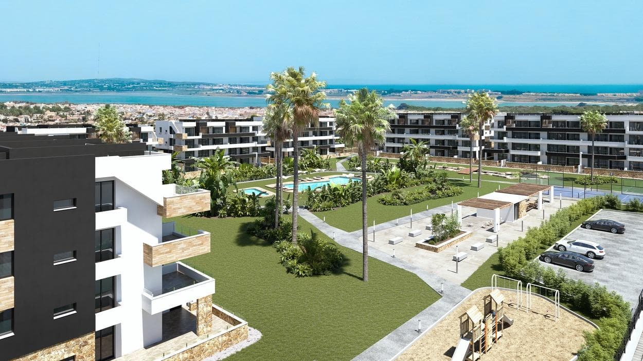 New Residential Development in La Siesta, TorreviejaModern Apartments with Excellent AmenitiesThis new residential development in La Siesta, Torrevieja offers spacious and contemporary apartments designed for comfort and style. The homes feature 2 bedrooms and 2 bathrooms (one ensuite) with large terraces, distributed across 7 low-rise blocks surrounding an impressive communal area. The gated community provides first-class facilities including adult and children’s swimming pools, landscaped gardens, a barbecue area, children’s playground, padel court, and petanque zone, making it ideal for both relaxation and leisure.Prime Location in the Costa BlancaLocated in the growing neighborhood of La Hoya, between the natural salt lagoons of La Mata and Torrevieja, this development offers a perfect balance of tranquility and convenience. Just 3.5 km from the beaches of Torrevieja, residents will enjoy quick access to daily amenities such as supermarkets, restaurants, health centers, cycling routes, and the La Mata Natural Park for hiking. The vibrant city center of Torrevieja, with theaters, cinemas, shopping malls, hospitals, and the Aquopolis water park, is just a short drive away.Distances to Main Points of InterestTorrevieja beaches: 3.5 kmLa Marquesa Golf in Ciudad Quesada: 7 kmHabaneras Shopping Center: 2 kmAlicante Airport: 40 kmMurcia Corvera Airport: 60 kmHigh-Quality SpecificationsEach apartment is built with modern finishes and designed for maximum functionality:Fully equipped kitchens with appliances includedMotorized shuttersReinforced security entrance doorHot water system powered by aerothermal energyFully installed ducted air conditioningUnderground parking space and storage room includedAs a special launch offer, the first units sold will include a complete furniture and lighting package, making your new home move-in ready from day one.A Vibrant Mediterranean LifestyleTorrevieja is one of the most popular destinations on the Costa Blanca, offering more than 300 days of sunshine per year, cultural events, lively promenades, and excellent facilities for water sports. With its mix of traditional Spanish charm and modern amenities, it is an ideal place for permanent living, a holiday retreat, or a smart investment opportunity.Your New Home Awaits in TorreviejaThis development combines luxury, convenience, and an unbeatable location by the sea. Contact us today to arrange a visit and secure your dream property in the Costa Blanca.