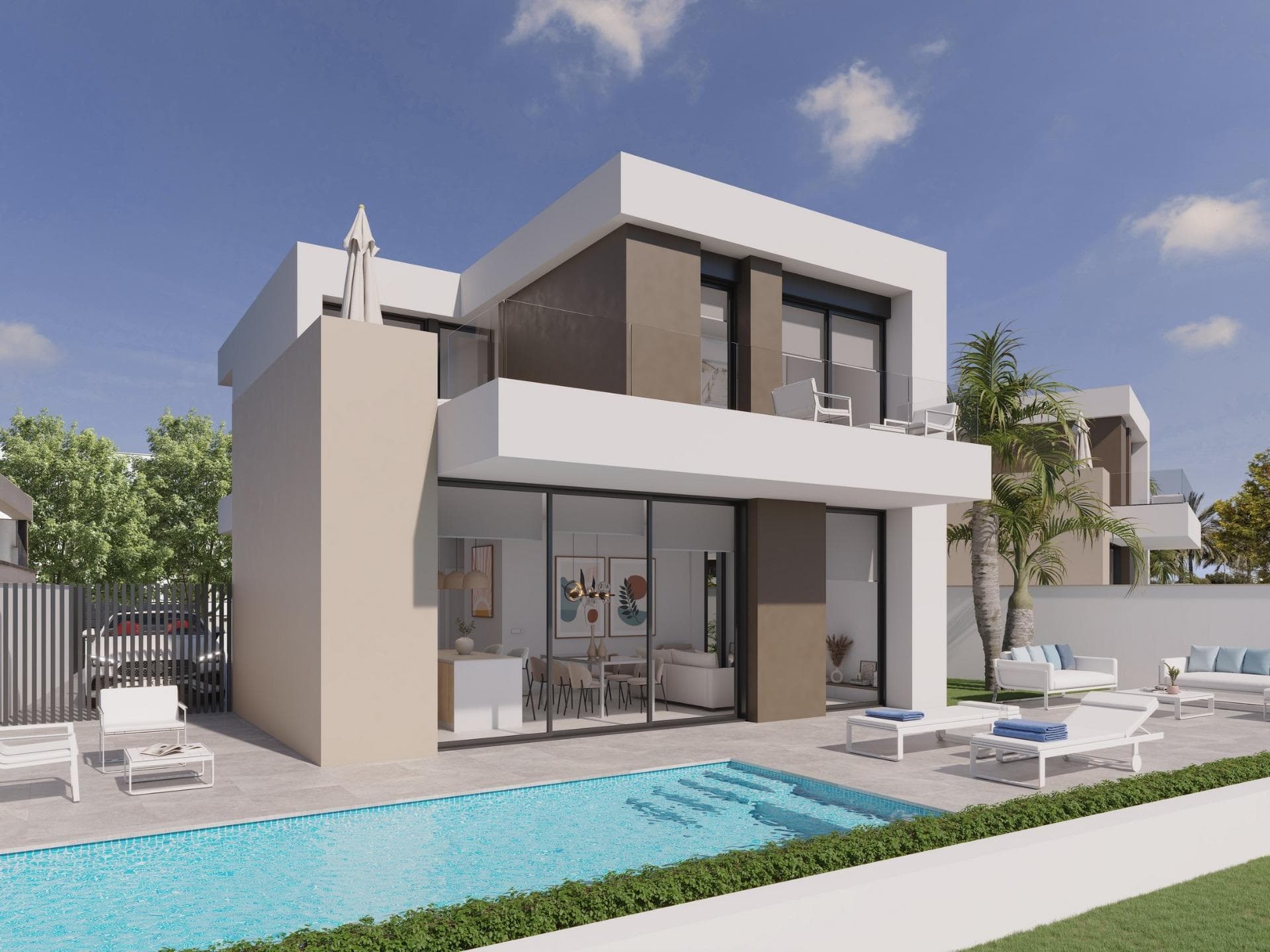 New Build Villas on the Frontline of Roda Golf with Private PoolExclusive Golfside Living in Costa CálidaThese modern frontline villas in Roda Golf (Murcia) offer the perfect blend of luxury, comfort, and Mediterranean lifestyle. Located just 3 km from the golden beaches of the Mar Menor, this residential project is ideal for golf lovers, water sports enthusiasts, and those seeking a serene yet well-connected home on the Costa Cálida. The development is surrounded by services, restaurants, shopping options, and sports facilities, ensuring convenience for everyday living.Spacious Villas with Private PoolsEach villa is thoughtfully designed across two levels with a total built area of 140 m². The layout includes:3 bedrooms (2 ensuite)3 fully equipped bathroomsBright living room with open-plan kitchenGround floor bedroom for convenienceTwo bedrooms on the first floor with direct uncovered terrace accessEnjoy outdoor living with a private swimming pool, spacious ground-floor terrace, and a first-floor sun terrace offering uninterrupted golf views and all-day sun. Each property also includes a private parking space on the plot and a large exterior storage room.High-Quality FeaturesThese homes are built to the highest standards, featuring:Underfloor heating in bathroomsMotorized aluminum shutters in all bedroomsFully fitted bathrooms with furniture, mirrors, lights, and glass shower screensModern kitchens with appliances includedPre-installation of ducted air conditioning in living room and bedroomsSolar panels with inverter for energy efficiencyPrime Location in Roda GolfSituated within the prestigious Roda Golf &amp; Beach Resort, these villas are surrounded by lush fairways and Mediterranean landscapes. Distances to main points of interest:Mar Menor beaches: 3 kmDos Mares Shopping Center: 5 kmLo Pagán Marina: 6 kmRoda Golf Clubhouse: Walking distanceMurcia International Airport (Corvera): 35 kmAlicante Airport: 85 kmCartagena city: 30 kmLive the Mediterranean LifestyleWhether as a permanent residence, a holiday retreat, or a rental investment, these villas offer the perfect combination of elegance, functionality, and location.Contact us today to schedule a visit and secure your frontline villa at Roda Golf. Your dream home on the Costa Cálida awaits!