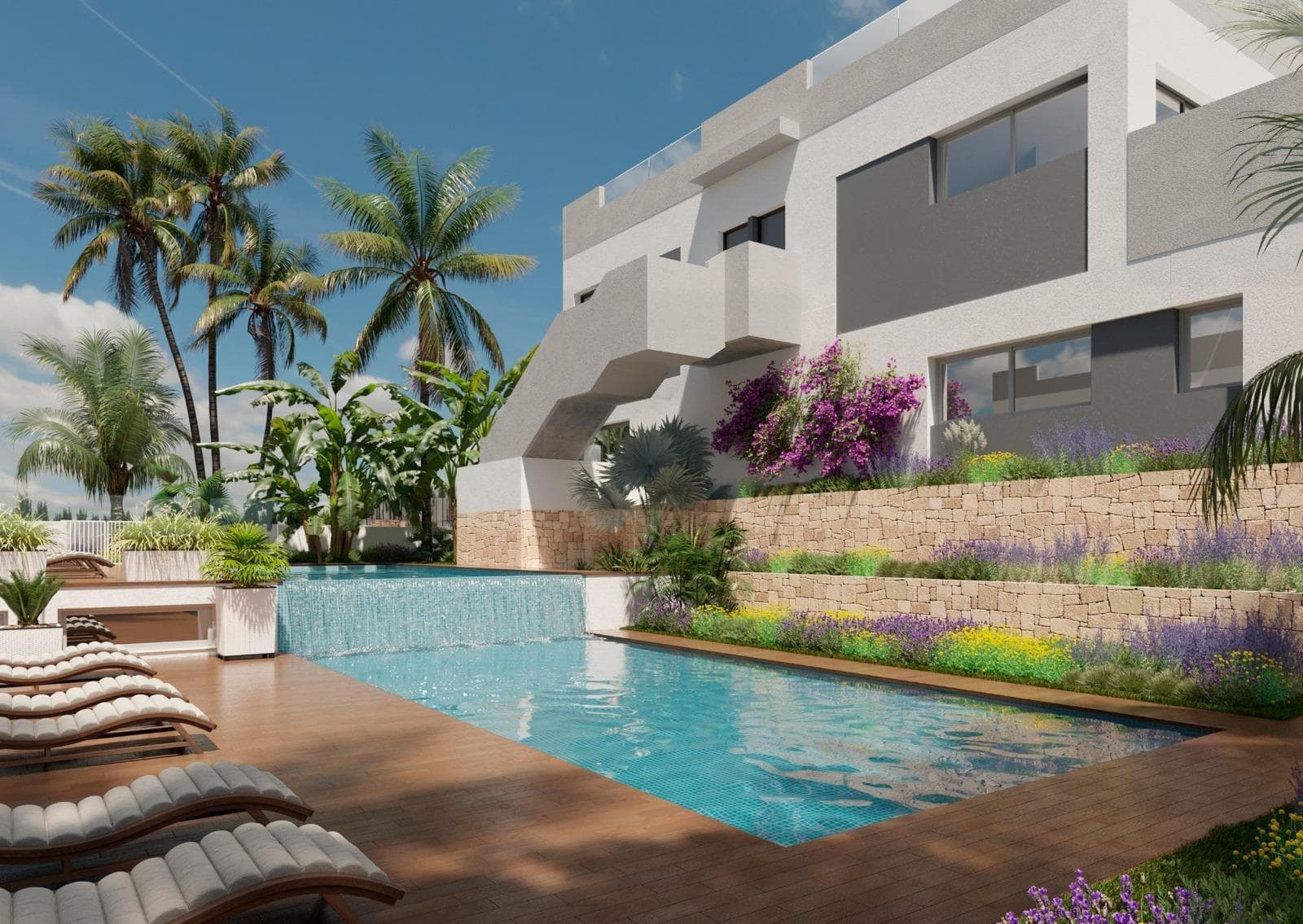 New Build Residential Complex in Los Balcones, TorreviejaModern Homes in a Privileged LocationThis exclusive new development in Los Balcones, Torrevieja consists of 20 modern bungalows, perfectly designed for comfort and style. Located just 4 km from the beaches of Torrevieja and close to shops, restaurants, and essential services, this project offers an ideal setting for both permanent living and holiday getaways on the Costa Blanca.Los Balcones is one of the most sought-after residential areas of Torrevieja, offering a peaceful atmosphere while being only a short drive from the vibrant city center. The area features supermarkets, local amenities, and the public hospital, with regular bus connections into town.Property Layouts to Suit Your LifestyleGround-floor bungalows: 3 bedrooms and 3 bathrooms, including a master bedroom with ensuite on the main floor, open-plan living room with kitchen, guest toilet, and spacious terrace. A staircase leads to the lower ground level with 2 additional bedrooms, 2 bathrooms, laundry room, and patio.Top-floor bungalows: 2 bedrooms, 2 bathrooms, open-plan kitchen with large living area, terrace, and private solarium, perfect for enjoying the Mediterranean sun.All homes include private parking spaces.High-Quality Finishes and Comfort FeaturesEvery bungalow has been designed with top specifications to guarantee maximum comfort:Armored front door and motorized aluminum shuttersDouble-glazed windows with solar controlFully installed ducted air conditioningAerothermal hot water systemFitted kitchen with appliancesLED lighting inside and outsideBathrooms with furniture, mirrors, and shower screensAlarm system with detectors and central unitExclusive Community AmenitiesThe residential complex features beautiful landscaped gardens, a two-level communal pool, and a fully equipped gym, creating the perfect environment to relax and socialize.Excellent Connectivity on the Costa BlancaThe development enjoys outstanding transport links:Beaches: 4 kmAlicante Airport: 55 km (40 minutes)Murcia Airport: 65 km (1 hour)Villamartín Golf Course: 9 kmTorrevieja Marina: 5 kmYour New Home in Torrevieja AwaitsWith its modern design, high-quality finishes, and privileged location, this residential complex in Los Balcones is the perfect choice for a new life by the Mediterranean.Contact us today to arrange a visit and secure your dream property in Torrevieja.