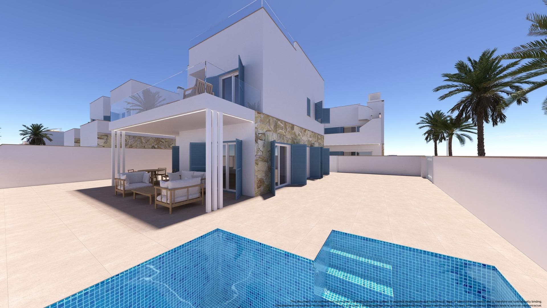 NEW BUILD VILLA IN TORRE DE LA HORADADANew Build villa in residential complex with communal pool in Torre de la Horadada located 800m from the beach.Villa has 4 bedrooms, 3 bathrooms, open plan kitchen with the lounge area, fitted wardrobes, terrace, private solarium, garden and parking space.Torre de la Horadada is located south of Alicante in a beautiful location on the coast.The beautiful beaches of Torre de la Horadada and Mil Palmeras have fine sand beautiful promenade.There are lots of restaurants, bars and shops, also water sports, diving and snorkelling.It is well connected just 40 minutes from Alicante and Murcias Corvera airports, with large commercial shopping centres and multiple golf courses all within easy reach.