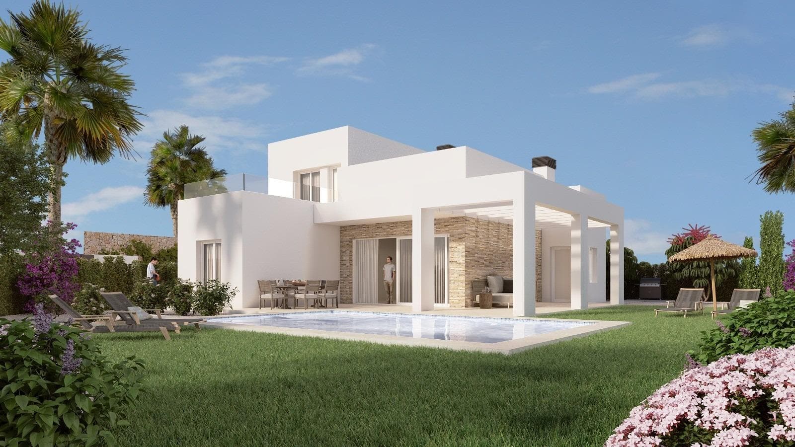 Contemporary New Build Villas with Private Pool in La Finca Golf Resort, AlgorfaExclusive Living in a Prestigious Golf CommunityExperience luxury, tranquility and modern Mediterranean living in these brand new villas located in the renowned La Finca Golf Resort in Algorfa, Costa Blanca South. This sought after residential area is surrounded by lush greenery, rolling fairways and peaceful scenery, offering the perfect setting for a relaxed yet sophisticated lifestyle. The charming town of Algorfa provides a traditional Spanish atmosphere and excellent services, while being just a short drive from beautiful beaches, shopping areas and vibrant coastal towns.Elegant Two Level Villas with 4 BedroomsThese contemporary villas are designed to offer comfort, space and functionality. The homes are distributed across two floors:Ground floorThree spacious bedrooms with fitted wardrobesTwo fully equipped bathrooms, including one en suiteBright open plan living and dining area with large sliding glass doorsModern kitchen with breakfast barDirect access to a covered terrace, garden and pool areaUpper floorMaster bedroom with en suite bathroom and walk in wardrobeTwo private terraces totaling 36 square meters, ideal for enjoying sunshine and viewsThe villas include fully installed ducted air conditioning, motorized shutters, underfloor heating in bathrooms and private parking within the plot.Outdoor Living with Private PoolEnjoy the warm Mediterranean climate from the comfort of your own garden. The outdoor layout features a modern pergola, spacious sun terraces and a private swimming pool, creating an ideal setting for relaxing, entertaining and enjoying outdoor dining and family time.Prime Location Near Golf and BeachesSituated within one of the most prestigious golf resorts in the area, these villas offer an exceptional lifestyle close to sport, nature and leisure facilities. Beautiful sandy beaches, top shopping centers, fine dining, water sports and cultural attractions are all easily accessible.Distances to key points of interestLa Finca Golf Club: walking distanceGuardamar del Segura beaches: 20 kmZenia Boulevard Shopping Center: 15 kmTorrevieja: 20 kmAlicante Airport: 40 kmMurcia Airport: 55 kmYour Mediterranean Dream Home AwaitsWhether you are looking for a permanent residence, a holiday home or a secure investment, these villas offer the ideal combination of luxury, comfort and privileged location. Contact us today to request more information or schedule a visit and discover life at La Finca Golf Resort in Algorfa.