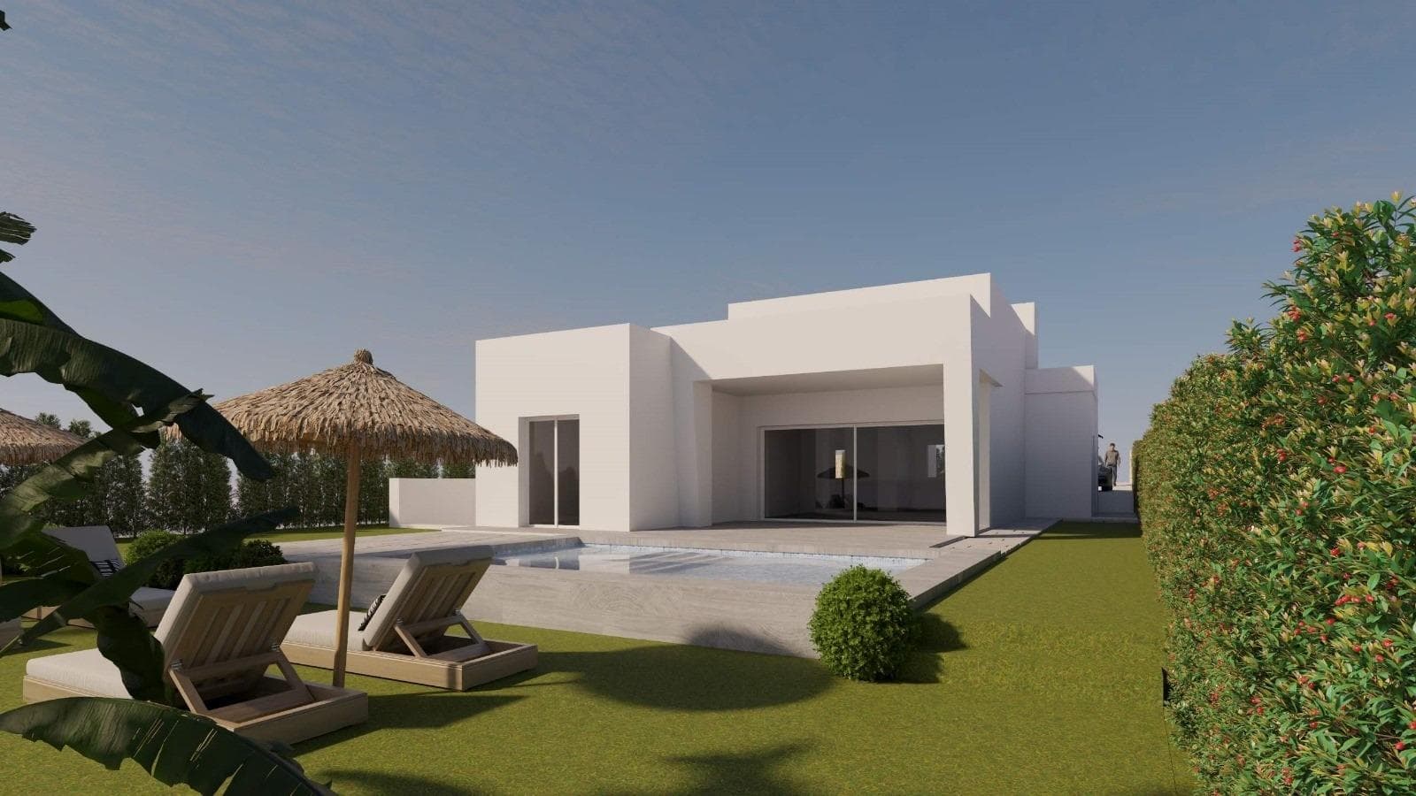 Contemporary Villas with Private Pool at La Finca Golf Resort, AlgorfaExclusive Homes in a Prestigious Golf CommunityLocated within the renowned La Finca Golf Resort in Algorfa, Costa Blanca South, these brand new villas offer the perfect blend of modern design, comfort, and Mediterranean lifestyle. Surrounded by nature and tranquility, this residential setting provides a peaceful environment while still being close to all essential services and leisure options.Elegant Design on a Single LevelEach villa is distributed on one floor, featuring 3 spacious bedrooms with built-in wardrobes and a walk-in closet in the master suite. The 2 fully equipped bathrooms include suspended furniture, mirrors, walk-in showers with glass screens, and underfloor heating for maximum comfort. The open-plan kitchen with breakfast bar seamlessly integrates with the living and dining area, creating a bright and functional space. A separate laundry area adds convenience to daily living.Outdoor Living with Private Pool and GardenLarge sliding glass doors connect the living room to the terrace and garden, where you will find a built-in pergola and a private swimming pool, the ideal setting to enjoy warm Mediterranean evenings. Each home also benefits from a semi-finished basement of 171 m2 with natural ventilation, offering endless possibilities for customization such as a gym, cinema room, or guest suite.Prime Location on the Costa BlancaLa Finca Golf Resort is one of the most prestigious golf courses in the region, offering residents a lifestyle surrounded by nature, sports, and relaxation. The area of Algorfa is known for its peaceful charm while being just a short drive from beaches, shopping centers, and cultural attractions.Key distances from the villas:La Finca Golf Clubhouse: walking distanceBeaches of Guardamar del Segura: 20 kmZenia Boulevard Shopping Center: 15 kmAlicante Airport: 40 kmMurcia Airport: 55 kmTorrevieja: 20 kmMediterranean Lifestyle at Its BestThese villas combine the tranquility of a natural environment with the convenience of modern living, making them ideal as a permanent residence, holiday retreat, or investment. With high-quality finishes, private outdoor spaces, and a prime location near golf and beaches, they offer everything you need for a privileged life on the Costa Blanca.Contact us today for more information or to arrange a visit and discover your new villa at La Finca Golf Resort in Algorfa.