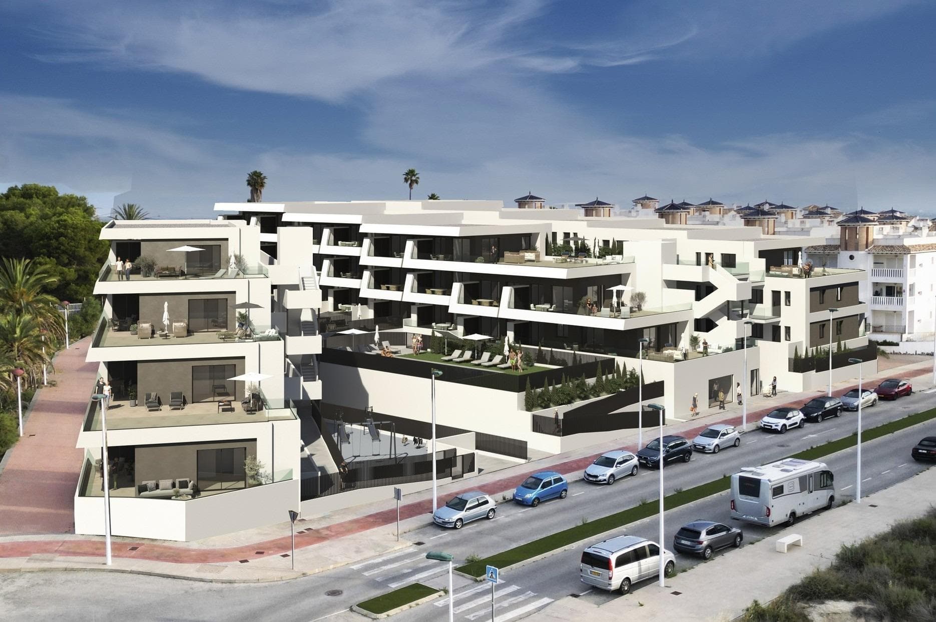 Modern New Build Residences Just 800 m from El Pinet BeachExclusive Residential Complex in La Marina – ElcheDiscover this modern residential complex of 64 new build properties located in El Pinet, one of the most sought after coastal areas between La Marina and Elche. Just 800 m from the fine sandy beach of El Pinet, the development offers the perfect balance between Mediterranean lifestyle, nature and everyday convenience. The area is surrounded by protected dunes, pine forests and the famous Salinas de Santa Pola, creating a peaceful and natural environment ideal for year round living.Homes With 2 or 3 Bedrooms and Multiple Layout OptionsChoose from a variety of property types to suit your lifestyle. Options include ground floor homes with private gardens, middle floor apartments with spacious terraces or penthouses with private terraces and solarium. All units have been designed with modern lines, functional layouts and abundant natural light.High Quality Finishes and Ready to Move InEvery home comes fully equipped and furnished, offering exceptional value and comfort.Features include:Kitchens fully equipped with appliancesInterior and exterior lighting includedPreinstallation for ducted air conditioningElectric shuttersBathrooms with furniture, mirrors and shower screensUnderground parking space and storage roomAttractive Communal Areas for Relaxation and LeisureThe complex offers a range of amenities designed to enhance your lifestyle. Enjoy a large communal swimming pool, children’s play area and beautifully landscaped gardens. These spaces provide the perfect setting for relaxation, socialising and outdoor enjoyment under the Costa Blanca sun.Prime Coastal Location Close to All ServicesLiving in La Marina means enjoying excellent accessibility, natural surroundings and all essential services within easy reach. Shops, restaurants, supermarkets and leisure facilities are just a short walk away, while nearby towns offer even more amenities.Distances to Key Points of InterestPlaya de El Pinet 800 mCity of Elche 17 kmAlicante Elche International Airport 22 kmGolf courses La Marquesa and El Plantío 15 to 20 kmCity and port of Alicante 30 kmYour Ideal Mediterranean Lifestyle AwaitsWhether you are looking for a permanent home, a holiday residence or a smart investment, these new build homes in El Pinet offer an unbeatable combination of location, comfort and quality. Contact us today to arrange a visit and secure your dream property by the Mediterranean Sea.