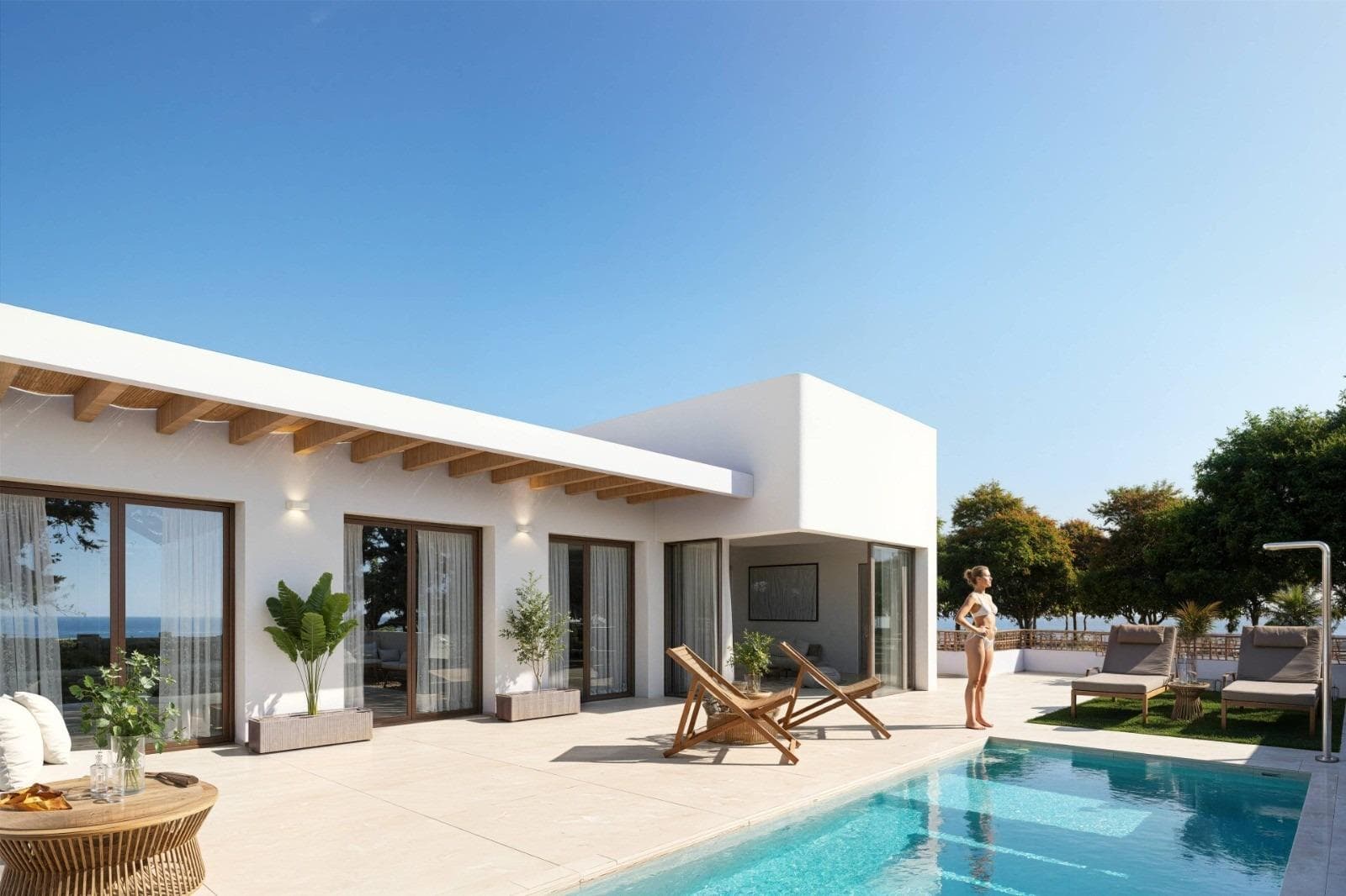New Build Ibiza Style Townhouses in Dolores Costa BlancaExclusive Residential Villas in a Peaceful SettingThis boutique residential development consists of just 6 new build townhouses with elegant Ibiza style architecture, located in the charming town of Dolores in the south of Alicante province. Set in a new expansion area close to the town center, these homes offer a quiet residential environment while remaining within walking distance of local services such as shops, restaurants, supermarkets and medical facilities. Dolores is surrounded by the fertile countryside of Vega Baja, known for its relaxed atmosphere and excellent quality of life.Single Level Design with Spacious Outdoor AreasEach villa is designed on one single level to provide maximum comfort and accessibility. The interior layout includes an open plan kitchen connected to a bright living and dining area, three spacious bedrooms and two modern bathrooms. Outside, each property features a private plot with terrace, landscaped garden, private swimming pool and an on plot parking space (except 2 units). A highlight of these homes is the generous private solarium, offering open views of the surrounding countryside and the perfect space to enjoy the Mediterranean climate all year round.Modern Finishes and Energy Efficient FeaturesThese new build villas are constructed with modern materials and quality finishes. Features include electric shutters, a complete interior and exterior lighting package, and bathrooms fitted with furniture, mirrors and shower screens. Hot water is provided through an efficient aerothermal system, enhancing energy efficiency and sustainability. The homes also include pre installation for ducted air conditioning, allowing future owners to customize the climate system to their needs.Well Connected Location Near Beaches and GolfDolores enjoys an excellent location with easy access to the main coastal and leisure areas of the Costa Blanca. The sandy beaches of Guardamar del Segura and Torrevieja are approximately 12 km away, offering long promenades, natural dunes and a wide range of beach activities. Several well known golf courses such as La Finca, La Marquesa and Vistabella Golf are located within 10 to 15 km. Water parks and leisure attractions can be found nearby in Rojales and Torrevieja.Key Distances and Points of InterestGuardamar and Torrevieja beaches are around 12 km away. Alicante Airport is approximately 30 km or 25 minutes by car, providing regular connections to major European cities. The city of Elche is about 20 km away, while Alicante city center is around 35 km. Nearby marinas and ports in Guardamar and Torrevieja add to the lifestyle appeal.Your Mediterranean Home AwaitsThese exclusive Ibiza style townhouses in Dolores offer modern living, privacy and an excellent location close to beaches, golf and amenities. Contact us today for more information or to arrange a viewing and secure your new home on the Costa Blanca.