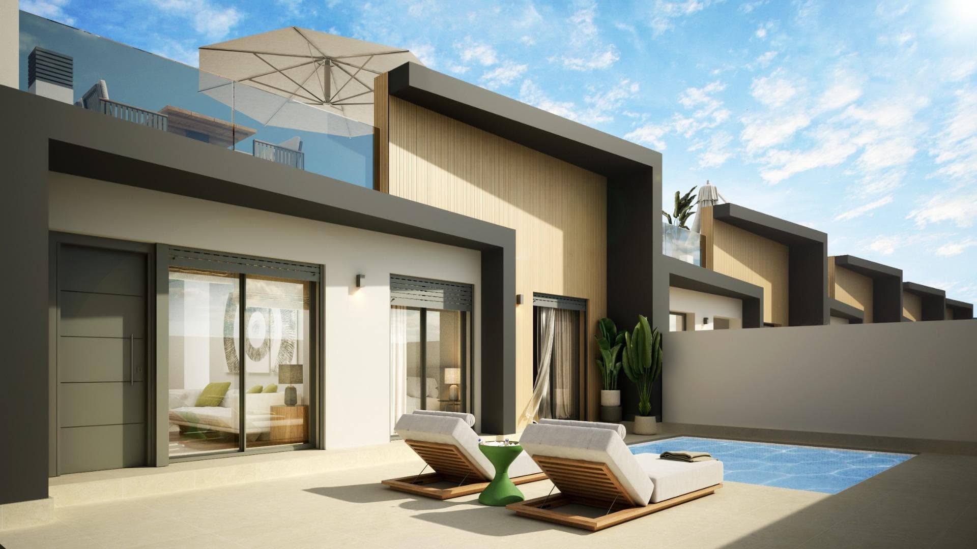 New Build Townhouses with Private Pool in Avileses, MurciaModern Single Level Homes in a Peaceful Murcia LocationThis new residential development consists of five contemporary townhouses located in Avileses, a traditional Spanish village in the Region of Murcia. Known for its relaxed atmosphere and local charm, Avileses offers daily services, sports facilities and an authentic Mediterranean lifestyle while remaining close to golf resorts, beaches and major transport connections. The area is ideal for permanent living, holiday use or investment thanks to its excellent value and growing demand.Thoughtful Layout Designed for Outdoor LivingAll homes are built on one level and have been designed to enjoy sunshine throughout the year. Each property features a front terrace, a private rear patio and a spacious rooftop solarium, creating multiple outdoor areas for relaxation and entertaining. The private garden includes a swimming pool and on plot parking, ensuring comfort and privacy for every homeowner.Inside, the homes offer a practical and bright layout with three bedrooms and two bathrooms, including a master bedroom with en suite bathroom. The open and functional design enhances natural light and creates a welcoming living environment suitable for families and couples alike.High Quality Specifications and Modern ComfortThese new build townhouses are delivered with high quality finishes and modern installations. The kitchens are fully furnished and equipped with Balay appliances including ceramic hob, oven, microwave, extractor hood, integrated fridge and integrated dishwasher. Bathrooms are fully fitted with suspended toilets, vanity units, mirrors, rain shower columns and shower screens.Additional features include motorized shutters on front facing windows, fitted wardrobes with drawers, LED interior lighting in kitchen, living area, hallway and bathrooms, and integrated LED lighting in garden walls and solarium. Hot water is produced by an aerothermal system, and pre installation for ducted air conditioning is included to ensure year round comfort.Excellent Location Near Golf, Beaches and AirportAvileses is surrounded by several renowned golf courses, making it an excellent choice for golf enthusiasts. La Torre Golf Resort is approximately 6 km away and Hacienda Riquelme Golf is around 7 km from the development. The Mar Menor and Mediterranean beaches are located about 15 km away, offering a wide range of water sports and leisure activities. Murcia International Airport is just 20 km away, while the city of Murcia is approximately 25 km, providing shopping, culture and gastronomy.A Smart Investment on the Costa CalidaWith modern design, private pools and an excellent location close to golf courses and beaches, these new build townhouses in Avileses offer outstanding value and lifestyle potential. Contact us today to receive more information or to arrange a viewing and secure your new home in Murcia.