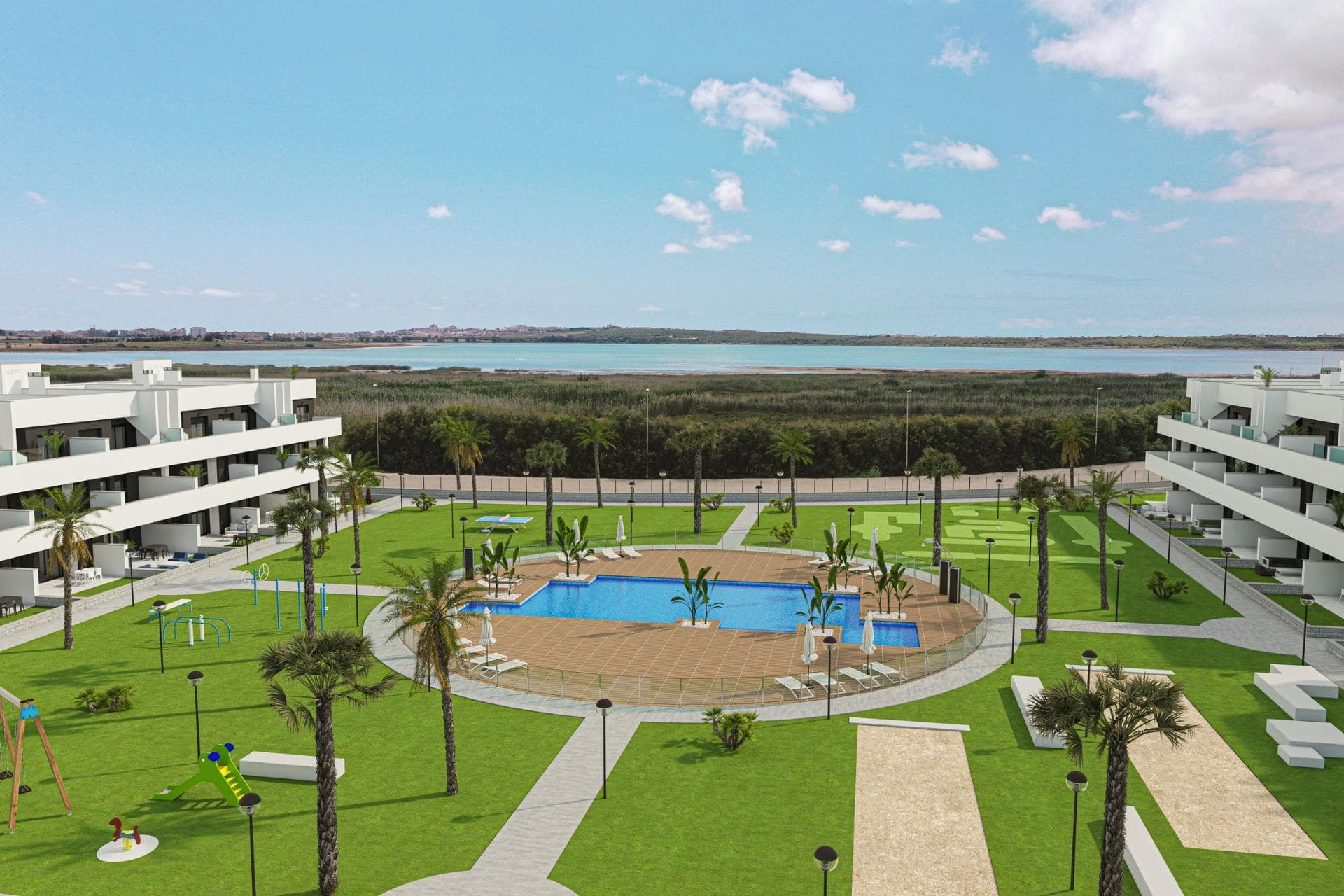 New Build Tourist Licensed Apartments with Lagoon Views in El Raso Guardamar del SeguraExclusive Gated Residential Complex in El RasoThis new build gated residential complex is located in El Raso, a well established and highly demanded residential area of Guardamar del Segura. Surrounded by nature and close to all essential services, El Raso is known for its peaceful environment, proximity to the Natural Park of La Mata Lagoon and excellent connections to the coast. This location offers the perfect balance between tranquility, leisure and investment potential on the Costa Blanca South.Modern Tourist Licensed Apartments with Flexible UseThe development will consist of 108 new build tourist licensed apartments and penthouses distributed across ground floor homes with private garden, first floor apartments with spacious terraces, and second floor units with terrace and private solarium. All properties are designed to maximize natural light, outdoor living and views towards green areas and the Laguna de La Mata.One of the key highlights of this project is that all properties come with a tourist rental license. Owners can enjoy personal use for up to 4 months per year and rent the property for the rest of the year, generating rental income managed by a professional rental company for complete peace of mind.Fully Furnished and Ready to Move In HomesAll apartments will be delivered fully furnished and ready to move in. The price includes furniture, lighting, electrical appliances and fully finished bathrooms, making this an ideal turnkey investment. Buyers can choose between 2 or 3 bedroom layouts, all with 2 bathrooms. The 3 bedroom apartments are corner units, offering additional privacy and enhanced views. Properties are available in south, east and west orientations.Resort Style Communal AreasThe residential complex features extensive communal facilities designed for relaxation and leisure. Residents will enjoy a large swimming pool, landscaped gardens, reception and meeting area, outdoor gym, petanque area, mini golf and a wellness spa. Each property also includes a private parking space and storage room in the basement, accessible by lift or stairs.Prime Location Close to Beach Golf and ServicesPlaya del Moncayo is just 5 km away, reachable in 10 minutes by car or 15 minutes by bike. Guardamar town center is 4 km away, while Ciudad Quesada dining and leisure areas are only 5 km away. Habaneras Shopping Centre in Torrevieja is located 8 km from the complex.Golf lovers will appreciate the proximity to La Finca Golf in Algorfa at 12 km, La Marquesa Golf at 6 km and Vistabella Golf at 18 km. Alicante International Airport is 30 km away, and Murcia Corvera Airport is approximately 75 km away.A Smart Investment and Mediterranean LifestyleThese new build tourist licensed apartments in El Raso Guardamar del Segura offer an exceptional combination of lifestyle, location and rental potential. Contact us today to receive more information or secure your new property on the Costa Blanca.