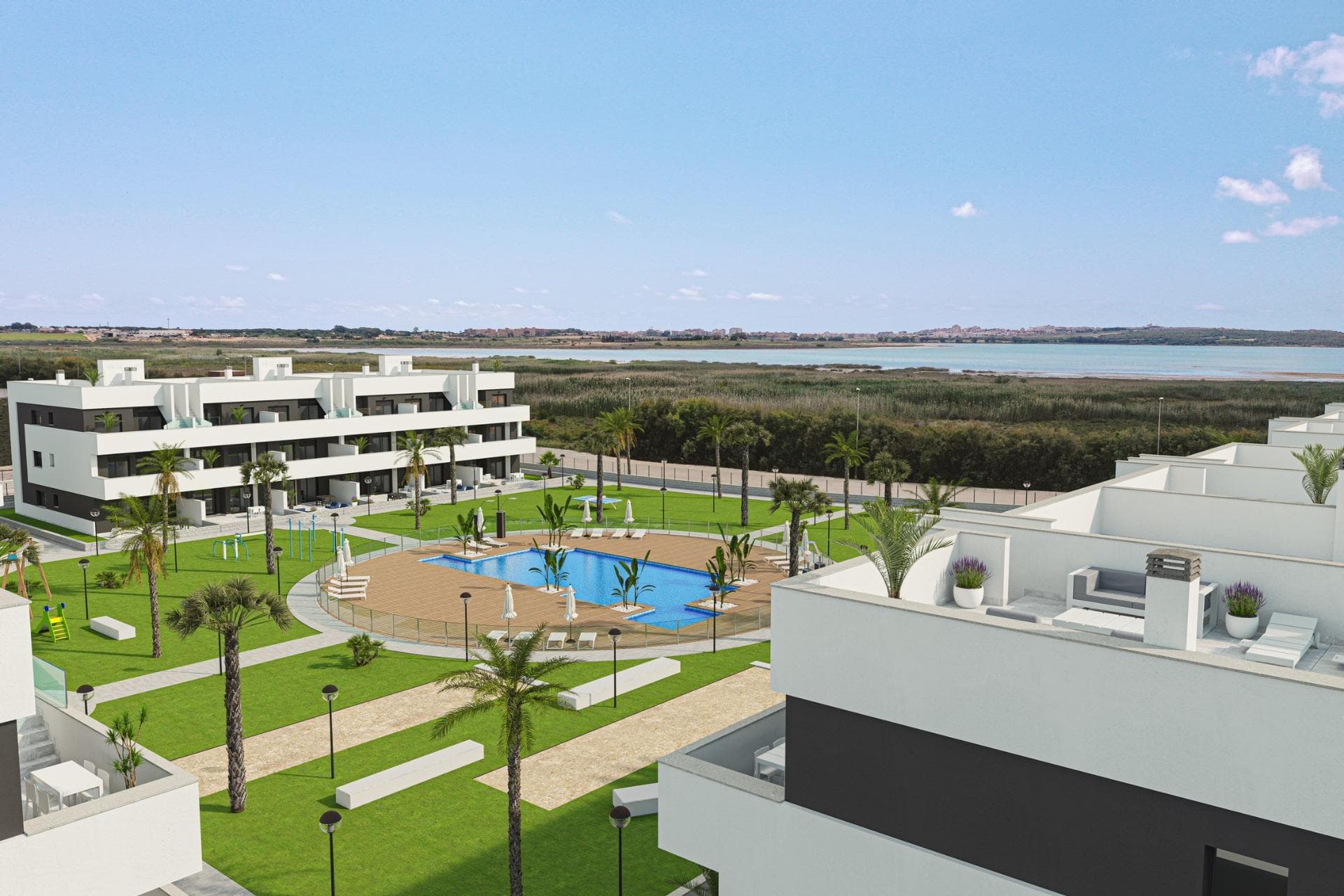 New Build Tourist Licensed Apartments with Lagoon Views in El Raso Guardamar del SeguraExclusive Gated Residential Complex in El RasoThis new build gated residential complex is located in El Raso, a well established and highly demanded residential area of Guardamar del Segura. Surrounded by nature and close to all essential services, El Raso is known for its peaceful environment, proximity to the Natural Park of La Mata Lagoon and excellent connections to the coast. This location offers the perfect balance between tranquility, leisure and investment potential on the Costa Blanca South.Modern Tourist Licensed Apartments with Flexible UseThe development will consist of 108 new build tourist licensed apartments and penthouses distributed across ground floor homes with private garden, first floor apartments with spacious terraces, and second floor units with terrace and private solarium. All properties are designed to maximize natural light, outdoor living and views towards green areas and the Laguna de La Mata.One of the key highlights of this project is that all properties come with a tourist rental license. Owners can enjoy personal use for up to 4 months per year and rent the property for the rest of the year, generating rental income managed by a professional rental company for complete peace of mind.Fully Furnished and Ready to Move In HomesAll apartments will be delivered fully furnished and ready to move in. The price includes furniture, lighting, electrical appliances and fully finished bathrooms, making this an ideal turnkey investment. Buyers can choose between 2 or 3 bedroom layouts, all with 2 bathrooms. The 3 bedroom apartments are corner units, offering additional privacy and enhanced views. Properties are available in south, east and west orientations.Resort Style Communal AreasThe residential complex features extensive communal facilities designed for relaxation and leisure. Residents will enjoy a large swimming pool, landscaped gardens, reception and meeting area, outdoor gym, petanque area, mini golf and a wellness spa. Each property also includes a private parking space and storage room in the basement, accessible by lift or stairs.Prime Location Close to Beach Golf and ServicesPlaya del Moncayo is just 5 km away, reachable in 10 minutes by car or 15 minutes by bike. Guardamar town center is 4 km away, while Ciudad Quesada dining and leisure areas are only 5 km away. Habaneras Shopping Centre in Torrevieja is located 8 km from the complex.Golf lovers will appreciate the proximity to La Finca Golf in Algorfa at 12 km, La Marquesa Golf at 6 km and Vistabella Golf at 18 km. Alicante International Airport is 30 km away, and Murcia Corvera Airport is approximately 75 km away.A Smart Investment and Mediterranean LifestyleThese new build tourist licensed apartments in El Raso Guardamar del Segura offer an exceptional combination of lifestyle, location and rental potential. Contact us today to receive more information or secure your new property on the Costa Blanca.