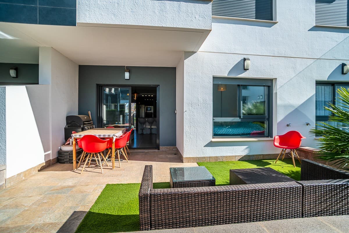New in the offer we present to you this Beautiful ground floor south facing apartment in the famous Lamar Resort 6. The apartment has a front and back terrace to optimize the outside living that Spain has to offer you.

The ground-floor apartment has 2 bedrooms. 1 master bedroom with en-suite bathroom and a very spacious guest room with a guest bathroom.

The living room gives a pleasant feeling and is visible from the U-shaped American kitchen. Whether you like to cook or not... A large kitchen with many cupboards and equipped with all appliances is always an added value. 

At the front of the living space you also have a spacious front terrace that is fully south-facing and with views to the community pools 

Great extras of this property AND included in the price:

- South facing- Furnished- Shutters- community pool- Immediately ready to move in

Within walking distance of all facilities, shops, bars, restaurants, etc. Close to several Golf clubs, La Zenia Boulevard and the beautiful white sandy beaches that Torre De La Horadada has to offer. Turnkey homes are almost nowhere to be found in beautiful Orihuela-Costa. So don't miss this unique opportunity!

Contact us for viewings and more information!