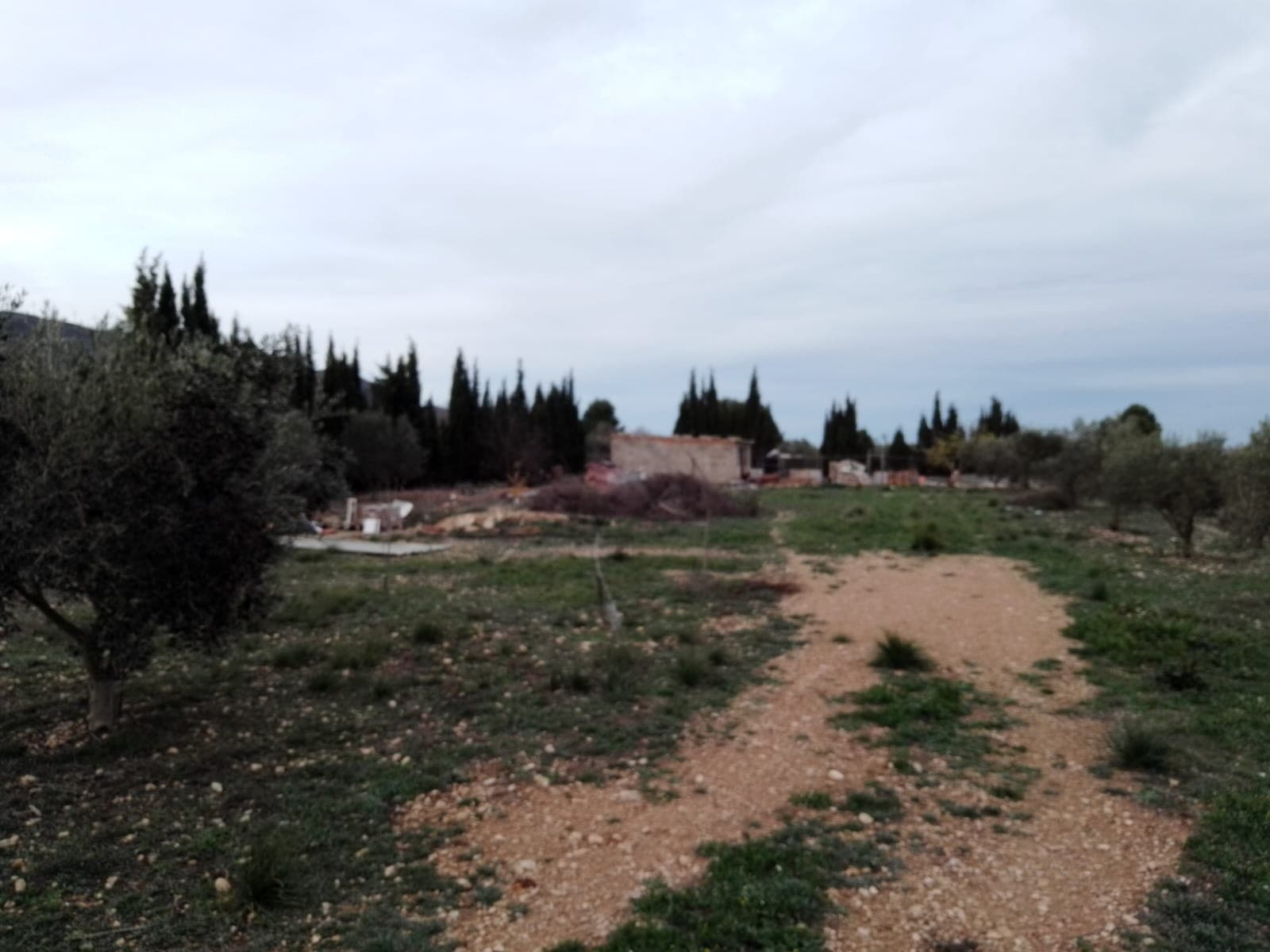 This concrete construction has 30m2 and needs to be completed, there is also a possibility to add another 20m2. There is mains water (irrigation water) and the plot of nearly 2100m2 is fully fenced. There is no electricity so a solar system is required, a complete off grid set can be bought at Obramat for just under 7.000 euro (this even includes a back up generator). There is a cesspit made with good pipes.It is currently registered as a warehouse, but once completed (adding a bathroom and kitchen) you can change it to a house. There are about 15 olive trees, and furthermore there are peach, almond, medlar and pistachio trees and laurel.There are also 2 fenced of areas to keep for example chicken.