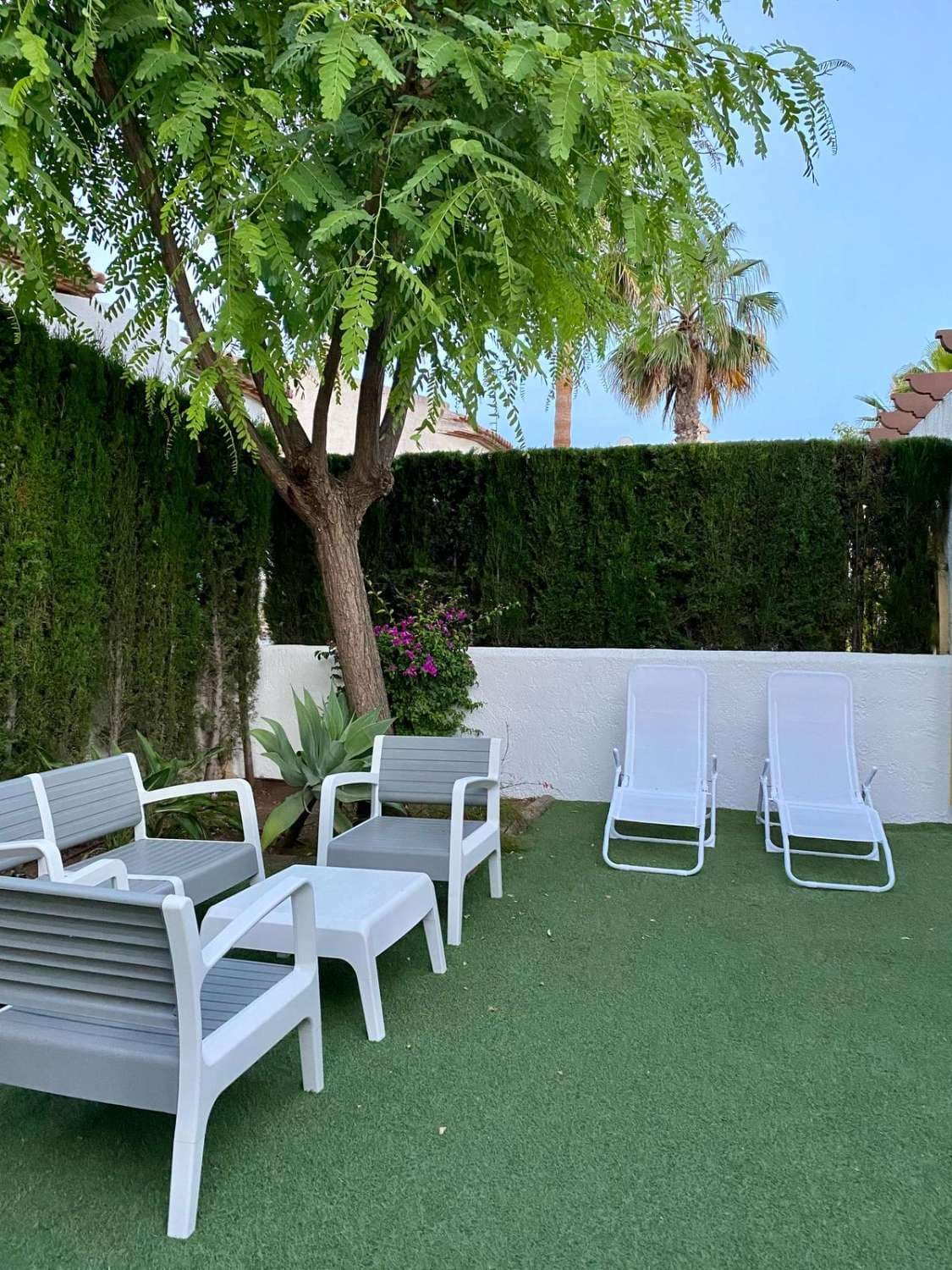 Two-story semi-detached house with separate entrance, enclosed porch with retractable awnings (18.60 m2), L-shaped garden with artificial grass and natural vegetation (80 m2). Two outdoor terraces on the upper floor (16.60 m2). 3 bedrooms: 2 upstairs with built-in wardrobes and terraces, and 1 downstairs with a separate sliding-door wardrobe. 2 full bathrooms: 1 upstairs with a bathtub and bidet, and 1 downstairs with a shower. An L-shaped storage room on the ground floor. Separate kitchen with sliding doors, equipped with a refrigerator, washing machine, oven, and gas stove. Radiator heating throughout. L-shaped living/dining room with access to the outdoor porch. Windows and doors on the ground floor are fully enclosed with security gates. Green spaces, hallways, and swimming pools (3) are located in the communal areas. 2 parking spaces in a video-monitored area are included in the price. Video-surveilled development with separate entrances and exits: pedestrian gate and vehicle gate (with remote control), single-direction traffic.