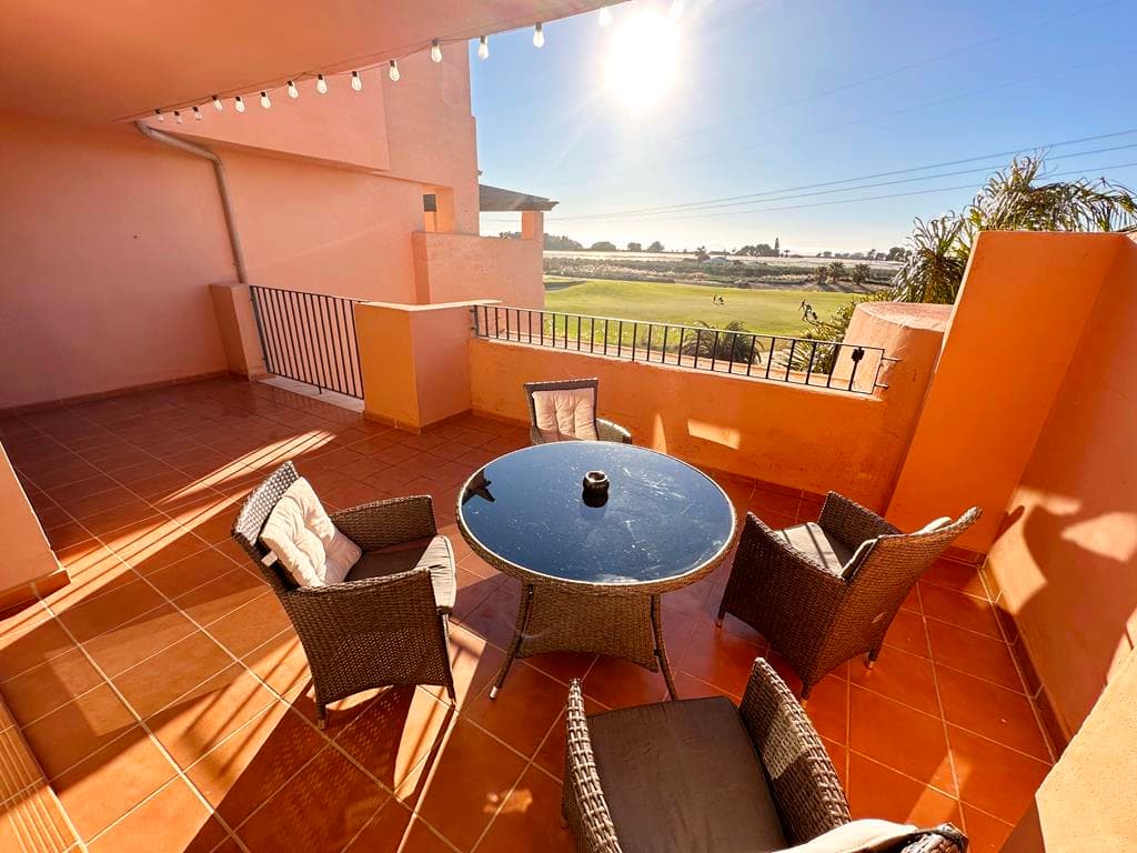 We are thrilled to offer this two bedroom two bathroom second floor south west facing Melvin apartment for sale on the beautiful Mar Menor Golf Resort.  The apartment is in a great location with golf views and a short walk to one of the communal swimming pools.  The onsite supermarket and MMGR club with restaurant, padel and mini golf a 5 minutes walk.  You have the onsite 5 star Ona Hotel, clubhouse and a variety of restaurants on the Boulevard just outside the resort. The mar menor beach town of Los Alcazares is a short drive away, Murcia airport 20 minutes and Alicante an hour.  The property has had recently updated aircon and is being sold furnished.  It comes with secure allocated underground parking with lift access to the property on the second floor.You enter the property into the open plan living space with the modern kitchen and breakfast bar and spacious lounge diner.  Patio doors lead to the spacious terrace where you can enjoy wonderful golf views.  There are two double bedrooms both with fitted wardrobes.  The master having an ensuite bathroom and direct access to the main terrace.  You will also find a separate family bathroom.  This is a great price in a fantastic location. Contact us now to book a viewing appointment.