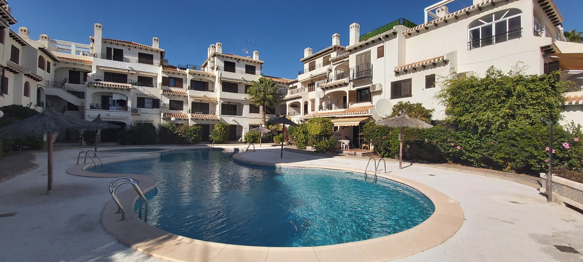 A rare opportunity to buy this south facing, fully equipped apartment with 2 double bedrooms, 1 bathroom + 1 guest toilet in a sought after area of beach side Cabo Roig, situated in a peaceful community of Urbanization Bellavista. The apartment is in a cul-de-sac street, on the second and top floor and has a large terrace. The property is bathed in natural sunlight throughout the day, creating a warm and inviting atmosphere. Fully furnished and equipped ready to move in! Distance to white sandy beaches of Cabo Roig is 700 meters and all amenities just a short walk along Cabo Roig strip. The renowned Zenia Boulevard is approximately 20 minutes on foot, providing a hub for shopping and entertainment. Villamartin, Las Ramblas, Campoamor and the Award winning Las Colinas golf courses are 10 minutes drive with several other golf courses 20 minutes drive, This property presents an exceptional opportunity to embrace a relaxed Mediterranean Beach lifestyle, whether as a permanent residence, holiday getaway, or an investment. The town of Torrevieja, just 5 km drive with it's reach cultural life with music auditorium and concert hall, theater presents another, metropolitan entertainment area practically at the doorstep.