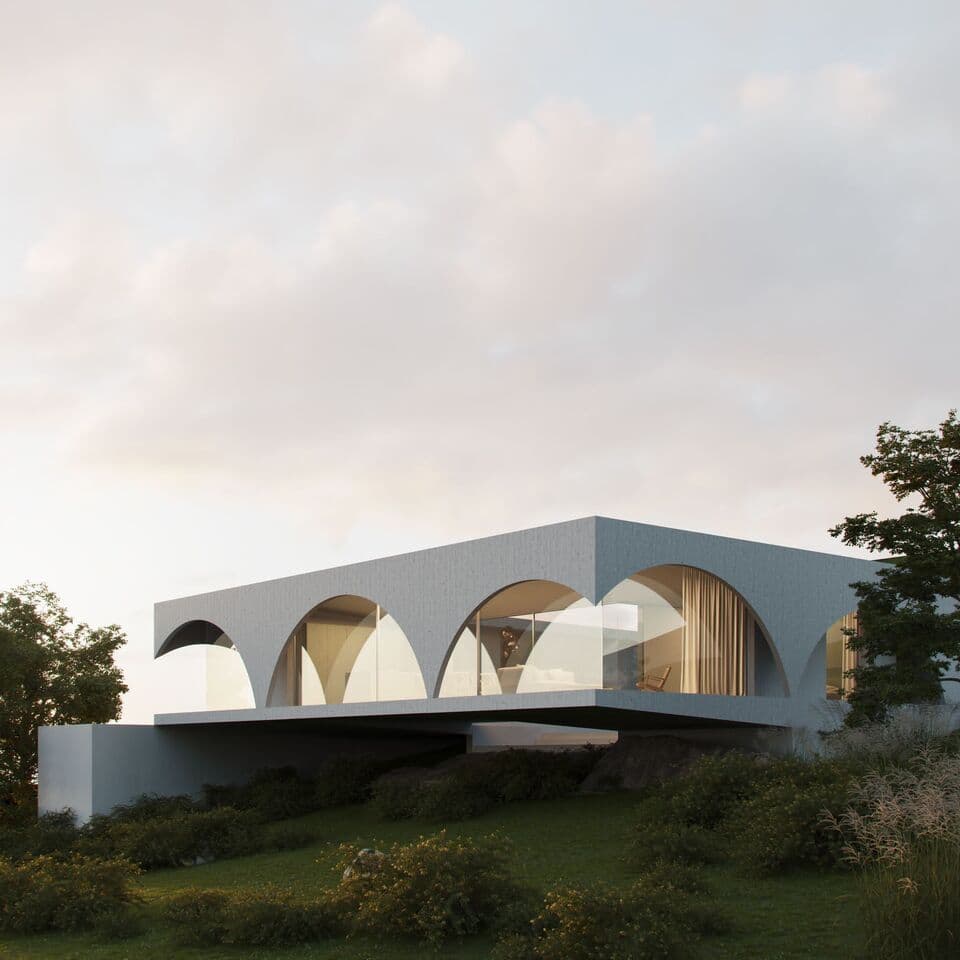 Unique design villa, on a south facing plotFully licenced and approved project (over 1100 pages)With a modern design and concept to warm in the winter and cool in the summer with the sun position.A high class villa with arches that is distinctive and futuristic.If you want a dream house, you can start today.The finishings are white concrete with a marble floor external area.Floor plan and project on request.