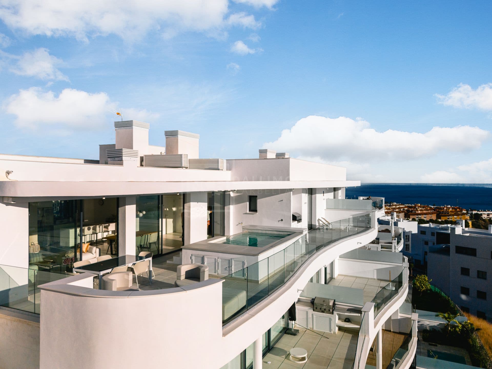 Experience the epitome of luxury living in this 3-bedroom contemporary penthouse perched in an elevated location within the exclusive development of Higuerón West, outside Fuengirola. Nestled in a gated community boasting lavish amenities including a private spa, sports facilities, a 5-star hotel, multiple restaurants, pools, co-working spaces, and concierge services, this modern abode offers a slice of the modern Mediterranean lifestyle on offer on the Costa del Sol.This stunning penthouse has a terrace almost as spacious as the interior living space providing endless Mediterranean views, and the luxury of a private pool, and a barbecue area—a retreat for sun-soaked moments and unforgettable gatherings against the sea backdrop.Designed with an open-plan layout, the apartment radiates a sense of serenity. Expansive double-glazed patio doors flood the space with natural light, connecting the indoors with the main terrace overlooking the pool—an ideal setting for relaxation and entertainment. The fully-equipped white kitchen, complete with high-end appliances and a stunning island, beckons culinary enthusiasts.The 3 bedrooms, including a Master bedroom suite with a spa-like en-suite bathroom and walk-in wardrobes, exude contemporary sophistication. Floor-to-ceiling double-glazed doors in the Master bedroom open onto a spacious terrace, providing a seamless connection to the sea views. The other bedrooms offer scenic views over the Mijas mountains and share a well-appointed bathroom.Two parking spaces with a direct lift and a sizeable basement storage room enhance practicality. Security is paramount with 24-hour surveillance, ensuring peace of mind. Immerse yourself in a lifestyle of luxury, where every detail is curated for an unparalleled experience.Commanding breath-taking views of the Mediterranean Sea, this residence stands as a testament to the best panoramic vistas the coast has to offer. Conveniently close to the beach, beach clubs, chiringuitos, public transport, and essential amenities, it ensures a seamless blend of serenity and accessibility. Immerse yourself in a lifestyle of luxury, where every detail is curated for an unparalleled experience with every leisure facility including sports, spa, golf and varied gastronomy. This is more than a home; it's an invitation to elevate your lifestyle.