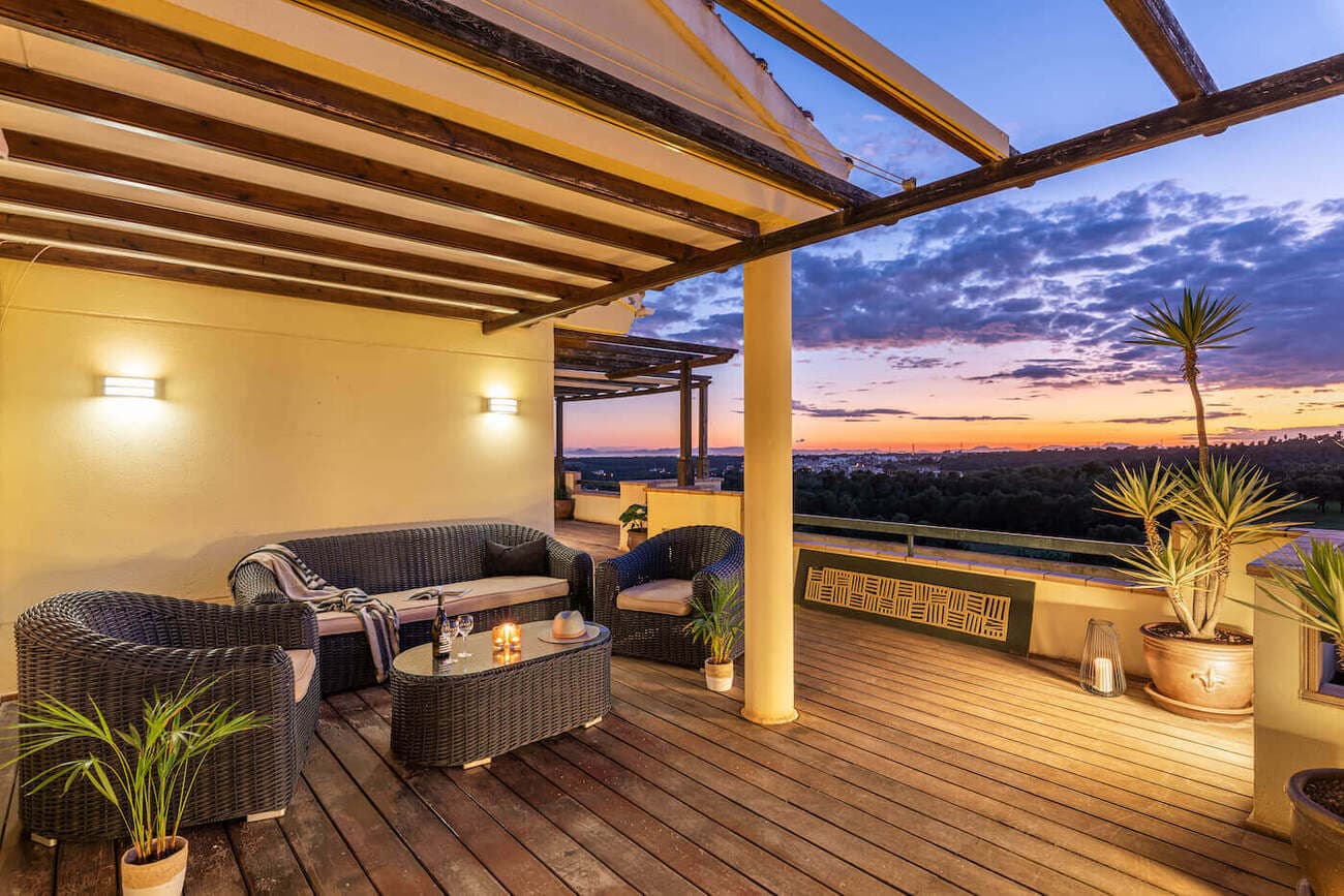 Discover this fantastic top floor apartment for sale in Lomas de Campoamor Golf. It is a really privileged location, as this massive ( 196 sqm) apartment enjoys some really amazing views.With a whopping habitable surface of 196 sqm and offering 2 bedrooms / 2 bathrooms, you can already imagine the sheer volume of the different spaces. It is also possible to provide a third bedroom.The entrance hall with guest toilet set the tone. A roomy feeling, leading to a bright living room. This area has an adjacent open plan kitchen. On both sides of the kitchen there are utility rooms. One used for laundry and another is a pantry room.From the window in the kitchen you even have distant sea views.But that is nothing compared to the views from the terrace. This outside space of 55 sqm really offers you to live al fresco.Partly covered, partly with sunscreens, much needed as it has a South-West orientation.But the view! Did we already mention that it is AMAZING? Really, this is not exaggerated it is truly a fantastic view. Overlooking the fairways of Campoamor Golf, the pine trees of Las Ramblas golf and great distant views to the Mediterranean Sea and Mar Menor.Further, this property offers 2 ample bedrooms. The master bedroom has a ensuite walking dressing and bathroom with shower and multi-jet bath.The secondary bedroom has a separate hall with built-in closets and ensuite bathroom with large shower.It is a unique property, in search for a new unique owner.
