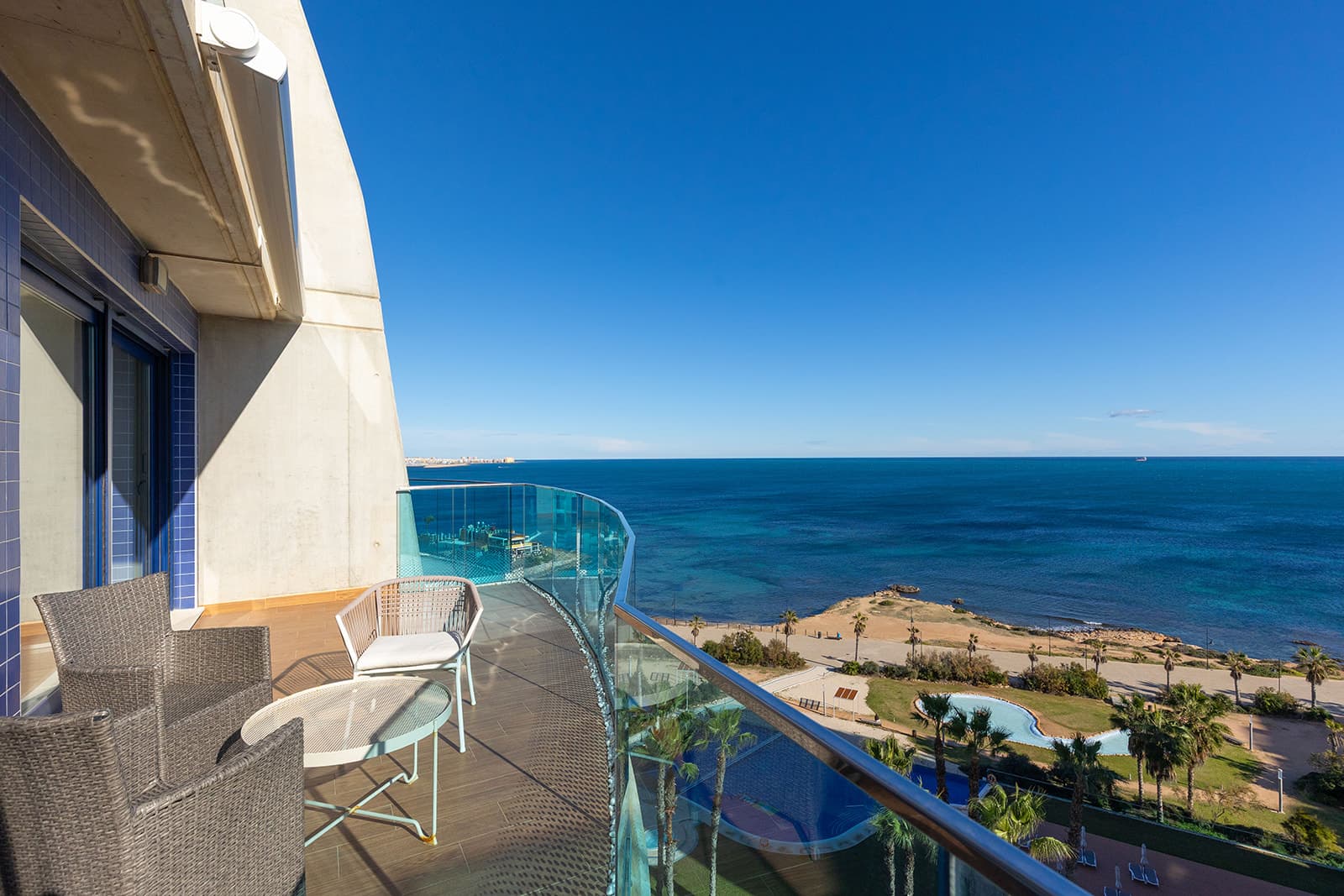 We present this stunning luxury penthouse located in the exclusive Sea Senses residential complex, one of the most sought-after developments in Punta Prima. With an unbeatable southeast orientation and panoramic views of the Mediterranean, this property offers a privileged seaside lifestyle.The property features 2 bedrooms and 2 bathrooms, designed in a modern and functional layout to ensure maximum comfort. From the bright living room, you access a charming 12 m² terrace, perfect for enjoying the sunrise and the sea breeze. The highlight of this penthouse is its spectacular private 83 m² solarium, equipped with a jacuzzi and relaxation areas—an authentic private oasis with endless sea views, ideal for enjoying the Mediterranean climate all year round.The property includes an underground parking space and a storage room, adding convenience and extra storage capacity.Sea Senses is one of the most prestigious residential complexes on the Costa Blanca South, offering top-class communal areas with infinity pools facing the sea, a gym, spa, jacuzzis, sports courts, and landscaped spaces. A setting designed to provide privacy, luxury, and well-being.Located in the renowned area of Punta Prima, this penthouse is just a few steps from the beach and surrounded by year-round services: supermarkets, restaurants, cafés, public transport, and leisure areas. It is also close to shopping centres such as Zenia Boulevard, prestigious golf courses, and main connections to Torrevieja and Orihuela Costa.A truly unique home, where exclusivity, comfort, and sea views come together to offer an unparalleled living experience.