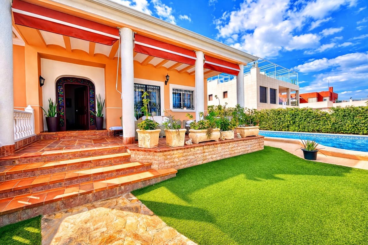 This magnificent luxury villa is set on an approximate 800 m² plot and offers a generous 440 m² of built space, distributed over two main floors plus a fully equipped semi-basement level arranged as additional living accommodation.The property features six spacious double bedrooms and five fully fitted bathrooms, making it ideal for large families, entertaining guests, or even as a high-end holiday retreat. The interior boasts a large independent kitchen with direct access to the garden, as well as bright and elegant living and dining areas on each floor, providing versatile spaces for both everyday comfort and hosting gatherings.A true highlight of this home is its exceptional location just a few steps from La Mata Beach, allowing you to enjoy the Mediterranean coastline, beachfront restaurants, and scenic walks within moments of leaving your front door. Outside, the villa offers a stunning private swimming pool surrounded by a lush, mature garden—perfect for relaxing in complete privacy. A welcoming covered porch and a pergola with built-in barbecue create the perfect setting for outdoor dining and memorable family or social events. For year-round comfort and security, the property is equipped with a comprehensive alarm system, central heating, and air conditioning throughout.This is a rare opportunity to own a spacious, well-appointed villa in one of the most desirable coastal areas, combining generous living space, beautiful outdoor areas, and unbeatable proximity to the beach.