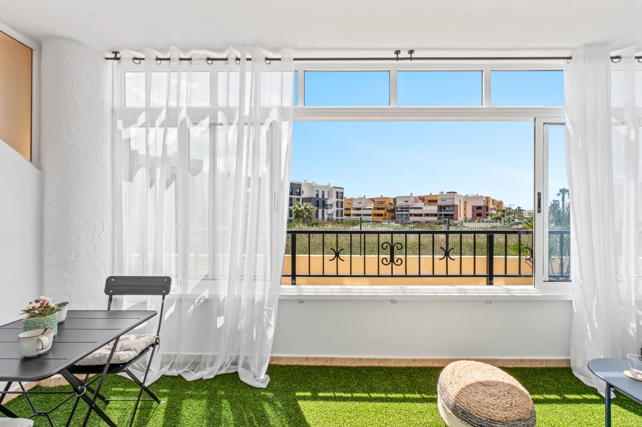 Situated in the heart of the ever-popular Playa Flamenca, this beautifully fully renovated south-facing 2-bedroom, 1-bathroom ground floor apartment offers stylish, move-in-ready living in a fantastic coastal location.Finished to a high standard throughout and sold fully furnished, the property combines modern comfort with Mediterranean charm, making it ideal as a permanent residence or holiday home.The bright and airy interior benefits from an abundance of natural light thanks to its sought-after south-facing orientation. Outside, the spacious private terrace provides the perfect setting for sunbathing, entertaining, or enjoying al fresco dining all year round.Residents also have access to a well-maintained communal swimming pool, perfect for relaxing and making the most of the Costa Blanca sunshine.Ideally located within walking distance to supermarkets, bars, restaurants, and all local amenities, this apartment offers exceptional convenience while being just a short distance from the beautiful beaches of Playa Flamenca and the popular Zenia Boulevard shopping centre.A superb turnkey property in one of the Costa Blanca’s most desirable areas — ready to enjoy from day one.