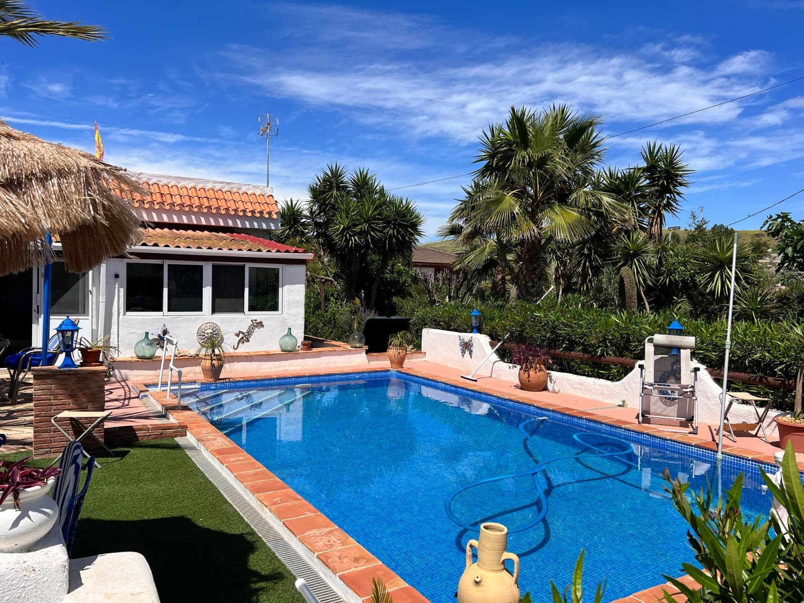 Escape to the tranquility of the countryside with this delightful country finca, ideally located just outside Los Puertos. Set on a generous 1,800 m² plot, this beautifully maintained property offers the perfect blend of rustic charm and modern comfort.The home features 2 spacious bedrooms, 2 bathrooms, and a total built area of 121 m². Inside, you’ll find an independent kitchen fully equipped with modern home appliances, also a cozy living room with a fireplace, and air conditioning for year-round comfort. The built-in wardrobes and storage room provide plenty of space for all your belongings.Step outside to your own private oasis: a private pool surrounded by sun-soaked terraces, a covered porch ideal for outdoor dining, and a barbecue area perfect for entertaining family and friends. The solarium offers open views of the surrounding landscape, where you can enjoy beautiful sunsets and peaceful mornings.The property also includes private parking with space for one car, and a big atelier for additional storage or vehicle protection.Nestled in a serene rural setting, this finca is surrounded by lush countryside, rolling hills, and open skies. It's an ideal retreat for those who love nature, gardening, or simply wish to enjoy a quieter lifestyle. Despite its peaceful location, the property is just a short drive from the vibrant city of Cartagena, offering a great balance between seclusion and convenience.Whether you're looking for a permanent home, a holiday getaway, or a smart investment, this charming finca has it all.