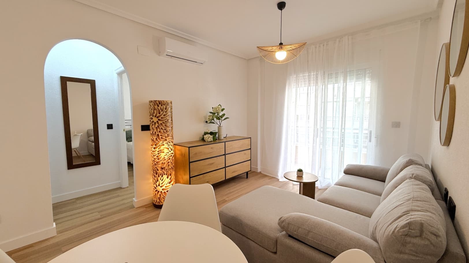 Discover this beautifully fully refurbished 2-bedroom, 1-bathroom apartment located on Calle Villa Madrid, Torrevieja, just a short walk from the city center and the vibrant marina. Recently renovated from top to bottom, this modern home combines comfort, style, and convenience.The apartment features a bright and spacious open-plan living area with updated flooring, fresh paint, and contemporary finishes throughout. The newly fitted kitchen includes sleek cabinetry and modern appliances, perfect for everyday living or hosting guests. Both bedrooms offer good natural light and comfortable layouts, while the stylish, fully renovated bathroom boasts quality fixtures and a clean, elegant design.Situated in a well-maintained building with easy access to local amenities, supermarkets, cafés, and public transport, this property is ideal as a permanent residence, holiday home, or rental investment. Move-in ready and designed with attention to detail, it’s a fantastic opportunity in one of Torrevieja’s most convenient locations.