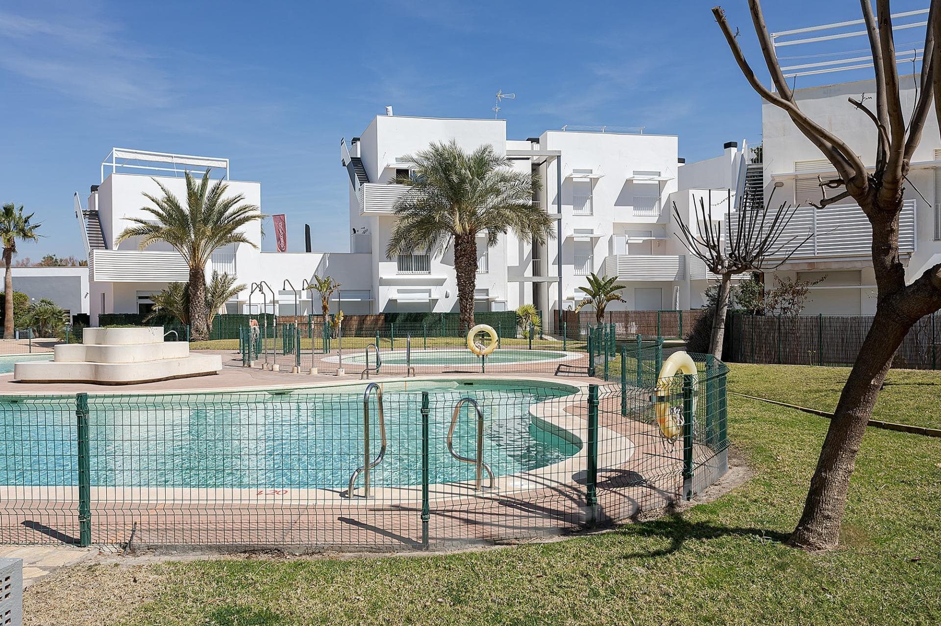NEW BUILD RESIDENTIAL COMPLEX IN VERA New Build residential of apartments in Vera just 400m from the huge Vera beach named "El Playazo". The typologies are ground floor with two private gardens, one in each orientation, which allows you to enjoy sun or shade whenever you want depending on the time of day or the season of the year. The first floors have terraces and the penthouses have large solariums. All the apartments have extra height ceilings (2.95 m) providing a great feeling of spaciousness. The kitchen comes fully furnished and equipped integrated with the living-dining area with a bar area.  The doors and fitted wardrobes are lacquered in white and the floor is made of laminated wood.  The hot-cold air conditioning and the hot water are generated by a state-of-the-art DAIKIN Aerothermal device, a technology that saves up to 70% of electricity consumption compared to traditional systems.  All bathrooms come with a shower instead of a bathtub, with recessed mirrors and also with a stone countertop and glass partition in the main bathroom.  The blinds in the living room and master bedroom are electric, hermetically sealed and with adjustable slats.  The gardens and solarium are delivered with the floors finished combining artificial grass and a beautiful paving imitating wood.  Each house includes a private outdoor parking space. Each block of the promotion has an independent elevator. Both the buildings and the apartments have a series of bioclimatic architecture characteristics (orientation, insulation, windows and shutters, pergolas) that allow optimal natural regulation of ventilation, temperature and light throughout the different seasons of the year.  The communal areas are made up of pedestrian squares and green areas, with a large swimming pool for adults and another for children in the central square.  The entire urbanization is free of architectural barriers for the disabled. Here tranquillity and relaxation are guaranteed.  Vera is one of the best naturist places in Europe, recognized for the quality and purity of their waters. It offers six kilometres of beaches (Las Marinas-Bolaga, Puerto Rey, El Playazo, Quitapellejos). Vera bordering with the famous tourist destinations such as Mojacar and the Almanzora Caves. Residential complex located about 1,5 hour drive away from Murcia - Corvera airport and about 2 hours away from Alicante airport.