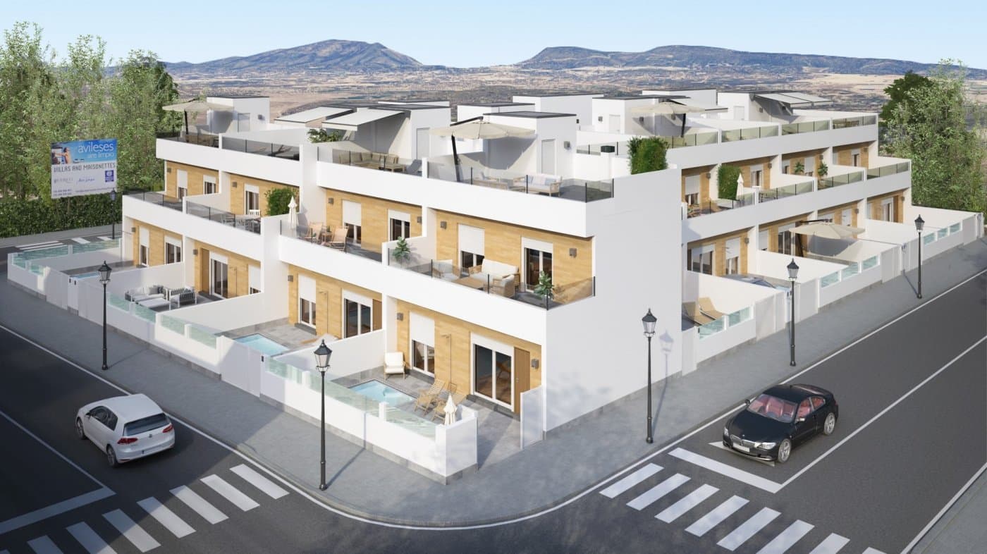NEW BUILD TOWNHOUSES IN AVILESES Residencial complex of 14 townhouses in Avileses, Murcia. Townhouses have different terraced areas and large solarium, allowing you to enjoy all hours of sunshine every day of the year, with private swimming pool and parking on the plot . Each property has 3 bedrooms and 2 bathrooms. The properties have been designed on three levels with a contemporary style and open planned concept, comprising a fully-fitted kitchen and lounge-dining room. The properties will meet the highest standards and will be equipped with: Private pool with sher. Kitchen completely furnished and equipped with Balay electrical appliances: ceramic hob, oven and microwave on top, extractor fan, integrated fridge and dishwasher. Fully fitted bathrooms with: suspended toilet, vanity unit, mirror and rainfall shower column. Lined wardrobes with drawers. Interior lighting in kitchen, living room, hallway and bathrooms with led spotlights. Wall integrated led spotlights at the garden and solarium. Pre-installation for air conditioning. The development is located in Avileses (Murcia), surrounded by all services and sports facilities, near several Golf Courses such as La Torre Golf and Hacienda Riquelme, plus being 20 minute drive to Murcia airport and 15 minute far from Mar Menor and Mediterranean beaches.