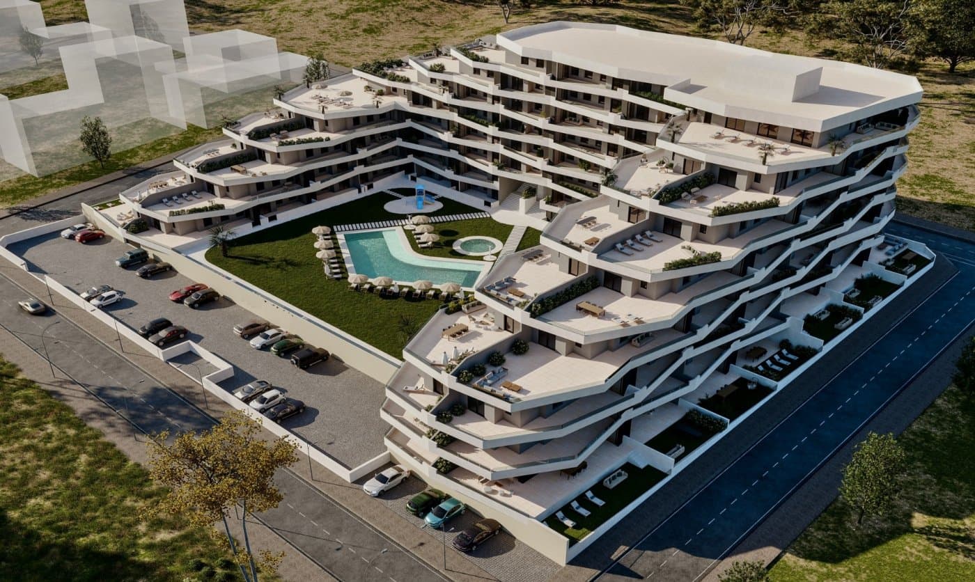 NEW BUILD RESIDENTIAL COMPLEX IN SAN MIGUEL DE SALINASNew Build residential of 165 apartments of 2 and 3 bedrooms, distributed over 7 floors. Fully enclosed residential with communal swimming pools for adults and children, green areas, playground for children and an area for adults with bio-healthy circuit, located on the Costa Blanca in San Miguel de Salinas near golf courses, beach and shopping centres.All apartments comes with parking. An option storage room at an extra cost.Quality specifications:- Fully fitted kitchen with filter group and induction hob.- Porcelanic floors.- Compact blinds.- White laminated wardrobes with mezzanine in bedrooms.- Pre-installation for split air conditioning in living room and bedroom.- Aerothermics. 70% energy saving.San Miguel de Salinas is a municipality in the Valencian Community, Spain. Located in the south of the province of Alicante, in the region of Vega Baja del Segura near the Region of Murcia.San Miguel de Salinas located close to the Las Colinas and Campoamor golf courses, offers exceptional views of the Torrevieja and La Mata lagoons.Alicante airport located 35 minutes drive away and Murcias Corvera airport is about 1 hour drive away.