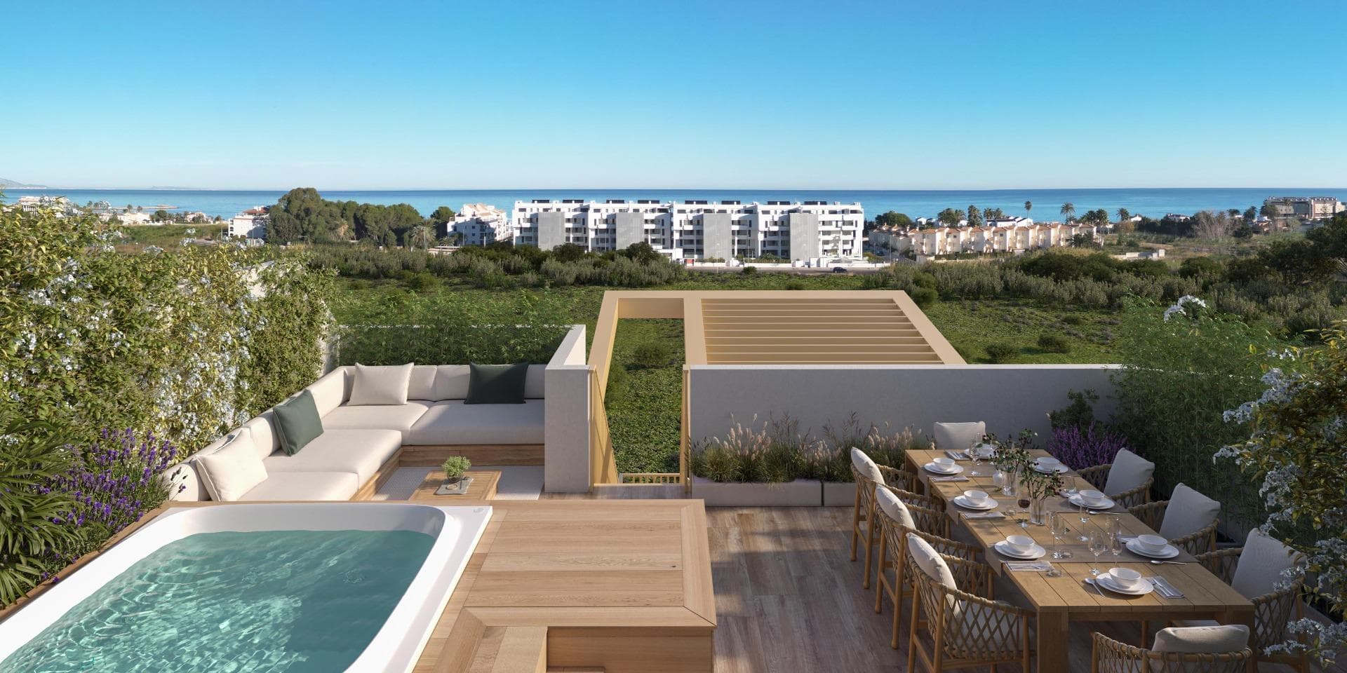NEW BUILD RESIDENTIAL IN EL VERGELNew Build residential complex of 1, 2 and 3 bedrooms apartments and penthouses in El Vergel designed as compact structures a response to the architects and designers constant pursuit of efficiency in the development. These decisions, spread throughout the various key points of the residential area, ensure that your home stays at the right temperature both in winter and summer.The main feature of the properties will be their large terraces. With regular proportions, they are the ideal spaces for outdoor living. The integration of the living room with these spacious terraces will unite your home as a livable volume where the interior merges with the exterior.Moreover, the construction in the area is planned to have minimal impact. The careful selection of construction materials has allowed you to enjoy the extraordinary views offered by the natural environment of residential complex permanently.Properties organized around a living room open to a terrace-bedroom. Live inside and outside the house.The common areas of this complex embody a deeply natural spirit. As you walk through different areas, you’ll find ideal spaces for strolling, engaging in sports activities, and, above all, using bicycles.Gather with your partner, family, or friends at the social clubs; enjoy open squares protected from the sun and unwind in cool spots where vegetation thrives and air constantly circulates.What else? Take note: ample and numerous swimming pools scattered throughout the residential area, sensory gardens, spaces for yoga practice, self-consumption vegetable gardens, bicycle workshops, and pet washing zones.Always seeking the utmost respect for nature, the project is conceived with brilliant sustainable strategies: rainwater collection, channeling, and reuse systems that will give life to a lush sustainable ecosystem; refreshing gardens with native species that require minimal maintenance; large surfaces of photovoltaic panels for self-consumption energy generation; even multiple charging stations for electric mobile vehicles.Luxury is having everything you need while respecting the surrounding ecosystem.​All residents of this complex will have access to the Beach Club on the beachfront. Space, where they can organize their own events, have a charging point and parking for electric bikes, store nautical equipment, lockers, and take a shower or dip in the pool after enjoying the sea.A gateway to the sea on the shores of La Almadraba beach in Denia.Just a few meters from La Almadraba beach in El Verger and a few kilometers from Denia, a project is born that defies convention. Its intention is nothing less than making the impossible a reality: a residential development that aspires to become a sustainable, healthy, and respectful community.
