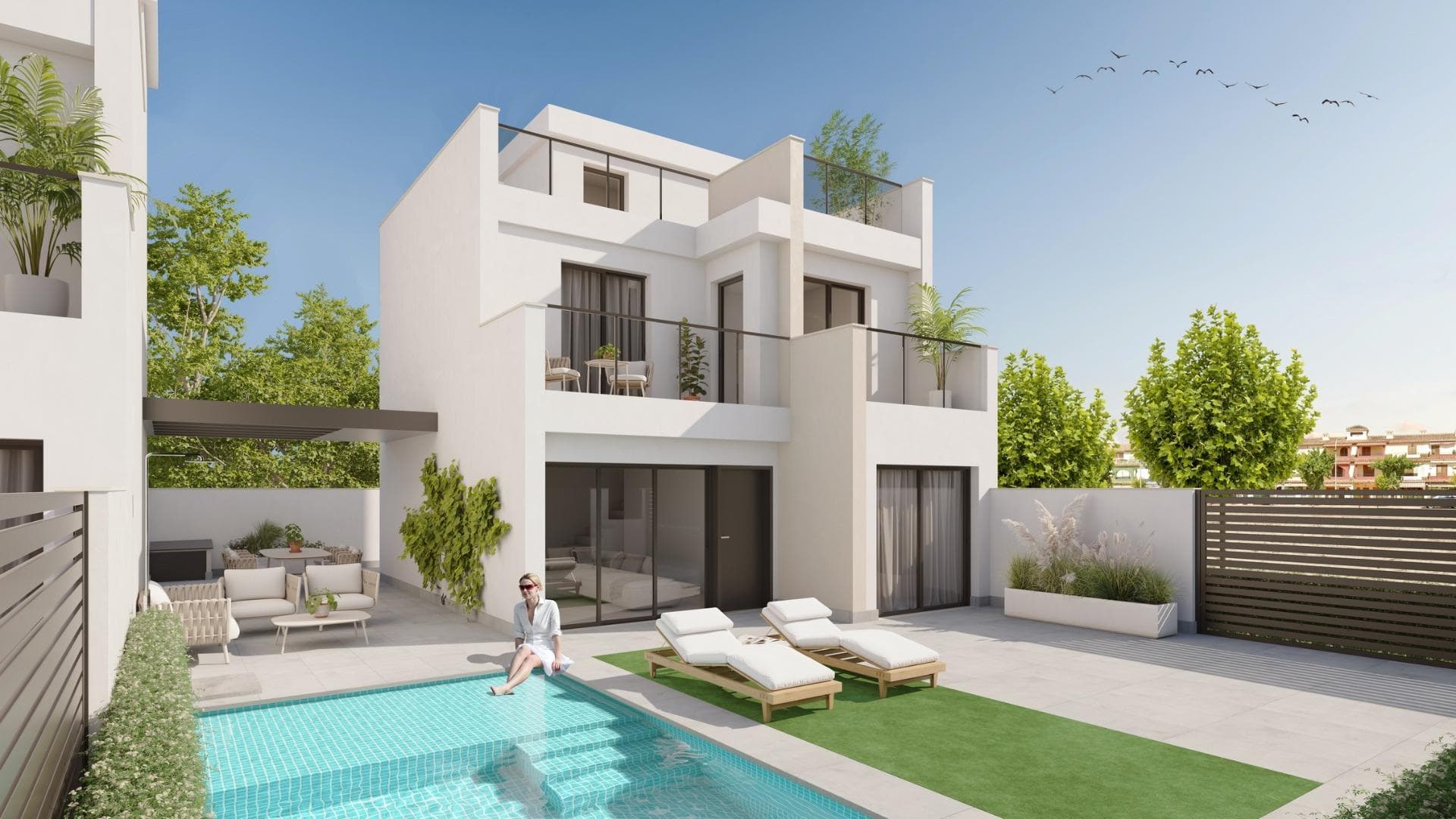 NEW BUILD VILLAS IN LOS ALCAZARESNew Build development of 12 exclusive detached villas, each with a private pool and roof solarium, located just 150m from the beautiful Los Narejos beach and only a 2 minutes walk from the buzzing Rio Nalon strip with its wealth of bars and restaurants.Signature homes, built to the highest standard in one of the best locations on the Mar Menor.All villas have over 120m2 of living space plus private gardens of over 100m2, with off-road parking available on the plot and a 6m x 3m private pool with sunbathing platform included.All white goods included: fridge-freezer, oven, microwave, vitro-ceramic hob, extractor-fan, dishwasher, washing machine and mini-fridge in the summer kitchen.Pre-installation of ducted air-conditioning throughout.Interior and exterior lighting, minus ornamental lights.Motorized shutters.Downstairs comprises a bright living-dining area with open plan kitchen, a bathroom and an additional downstairs room of 13m2 which could be used as a third bedroom, a separate dining room or as a garage; this room will have panoramic glass doors which open outwards and which will allow a car to park inside if required (*although this internal space can be used for whatever the owners require and will be prepared as a bedroom, it will be put down as a garage on the deeds). There is also an exterior storage room and pool pump in the back patio. On the first floor there is master bedroom with en-suite bathroom, two fitted wardrobes and direct access to a balcony, plus another double bedroom with fitted wardrobes and access to balconies. A third family bathroom can also be found on the first floor.Stairs up from the first floor lead to a private roof solarium with summer kitchen with sink, work surface and cupboard containing a mini-fridge. Fantastic views from the solarium, thanks to its seaside location.Energy-efficient thermal insulation, plus a high level of soundproofing.Shower screens with two options available.TV and telephone sockets in the living room, bedrooms and in the solarium.Interior doors, carpentry and fitted wardrobes in white.Double-glazing with optimal solar protection.Hot water system via an electric, adjustable boiler and 1.5kw photovoltaic solar panels.Pre-installation for an electric car charger.Los Alcazares is a popular coastal town where you can find shops, bars, restaurants, supermarkets, chemists, a health centre, taxi rank and bus stops.Superb communication links, with the AP7 motorway close by.Murcia International Airport is less than a half hour’s drive (40km) and Alicante airport can be reached in under an hour (93km).The prestigious Roda Golf &amp; Beach Resort, with its 18 holf Dave Thomas designed course, is just 2.5km away.