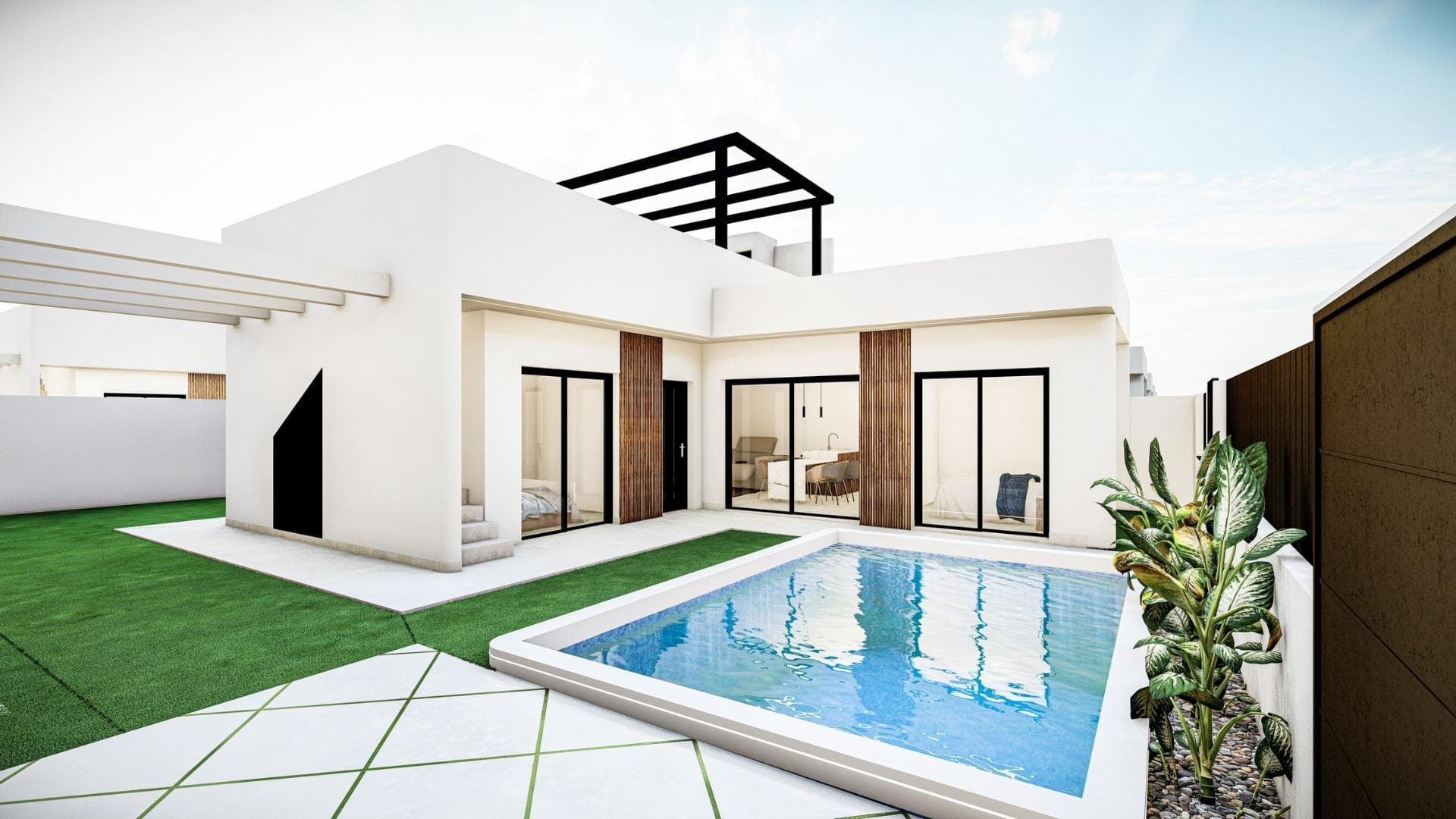 New Build Independent Villas with Private Pool and Solarium in Roldán, Torre-PachecoModern Single-Level Villas with Exclusive DesignThese brand-new 3-bedroom, 2-bathroom villas in Roldán, Torre-Pacheco, offer a contemporary and eco-friendly design with comfort and lifestyle in mind. Built on a single level, each home features a spacious open-plan living and dining area with a fully equipped modern kitchen, seamlessly connected to large terraces and a rooftop solarium.The villas are thoughtfully designed to blend functionality and aesthetics, with angled stone-clad facades, sleek finishes, and plenty of outdoor space to enjoy the Mediterranean sun all year round.Private Outdoor Space and Premium FeaturesEvery villa comes complete with:Private swimming pool and outdoor showerRoof-top solarium with ample space for sunbathing or creating a chill-out zoneTerrace and garden areas on the ground levelPrivate driveway for off-road parkingLED lighting package for both interior and exteriorPre-installed air conditioning systemThe master bedroom includes an en-suite bathroom, while two additional bedrooms share a family bathroom, all designed with a contemporary touch and high-quality finishes.Ideal Location Close to Beaches and GolfRoldán is a charming Spanish town in the municipality of Torre-Pacheco, known for its traditional ambiance and complete range of daily services, including supermarkets, restaurants, healthcare facilities, and schools.The location offers proximity to several key attractions:Corvera Airport (RMU) – 15 kmBeaches of the Mar Menor and Mediterranean Sea – 20 kmGolf courses (La Torre Golf and Las Terrazas de La Torre) – within 4 kmCartagena city centre – 32 kmZenia Boulevard Shopping Centre – 35 kmMarina of Los Alcázares – 22 kmWhether you're seeking a holiday home, permanent residence, or a strong rental investment, this location offers easy access to coastal attractions, sports facilities, and urban convenience.Your New Life in the Sun AwaitsDon’t miss the opportunity to own one of these stylish new villas in Roldán. Contact us today for more details, to arrange a visit, or to secure your new home on the Costa Cálida before they're all reserved.