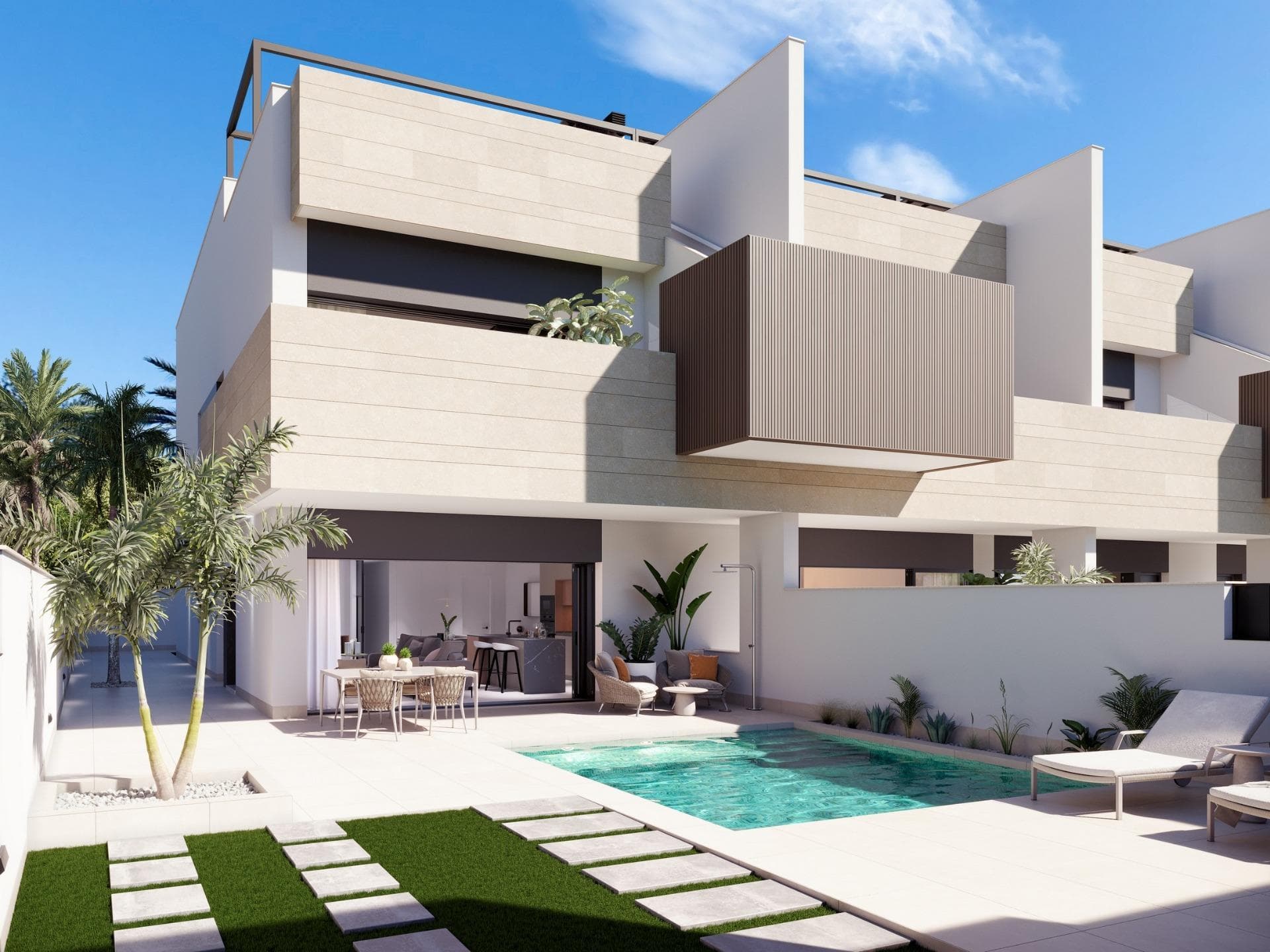 Boutique Development of New Build Homes with Private Pools in Pilar de la HoradadaExclusive Residential in a Prime Costa Blanca LocationDiscover this boutique new-build development of just 10 exclusive homes in Pilar de la Horadada, a charming coastal town in the south of the Costa Blanca. Located on the outskirts of town, this modern project offers open views towards green park areas while being only 2 km from the Mediterranean beaches of Torre de la Horadada. Enjoy the convenience of having all essential services within walking distance, including supermarkets, restaurants, banks, schools and health services.Choice of Layouts with Private Outdoor SpacesThis new development offers a variety of 2- and 3-bedroom layouts to suit different needs and lifestyles:Ground floor houses feature a private garden, pool with beach-style area and fully landscaped exteriors with automatic irrigation.Top floor houses boast a private solarium with summer kitchen, pergola, outdoor toilet and private pool with built-in jacuzzi, plus a dedicated bicycle storage room at ground floor.Semi-detached villas offer generous indoor and outdoor space with a private garden and pool, ideal for family living or long stays.All homes include a private parking space.Premium Features and High-Quality FinishesDesigned with comfort, efficiency and style in mind, all homes come equipped with:Ducted air conditioning fully installedElectric shutters and reinforced front doorsLED lighting package for indoor and outdoor areasFitted kitchens with BOSCH or SIEMENS appliancesStylish bathrooms with underfloor heating, mirrors, vanity units and shower screensModern design that maximizes natural light and functionalityThese thoughtfully designed homes deliver a seamless blend of indoor comfort and outdoor living, perfect for enjoying the warm Mediterranean climate all year round.Key distances:Beaches: 2 kmLo Romero Golf Course: 6 kmDos Mares Shopping Centre (San Javier): 10 kmZenia Boulevard Shopping Centre (Orihuela Costa): 12 kmMurcia International Airport: 40 kmAlicante Airport: 70 kmIdeal for Living or InvestmentWith limited availability and a privileged location, this new development in Pilar de la Horadada represents a fantastic opportunity for both permanent living and investment. Whether you’re seeking a holiday home, a retirement retreat or a rental property, these modern homes offer everything you need.Contact us today to secure your new home on the Costa Blanca.