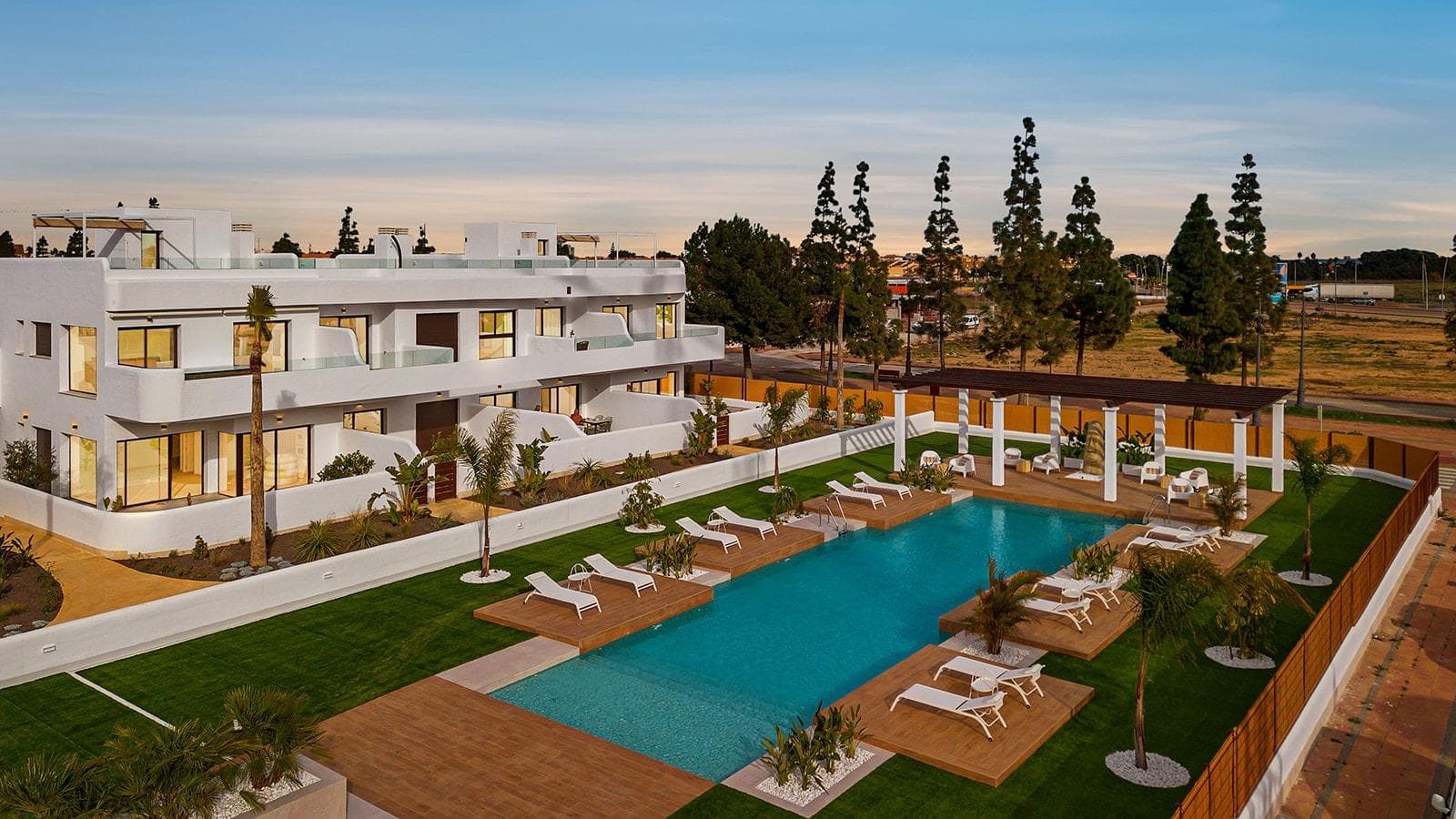 New Build Residential Complex Near Serena Golf and the Mar Menor in Los AlcazaresModern Coastal Living on the Costa CalidaDiscover this attractive new build residential complex located in Los Alcazares, one of the most popular seaside towns on the Costa Calida. Situated just 500 m from the beaches of the Mar Menor and within walking distance of the town center, this development offers an excellent combination of coastal living, golf surroundings and everyday convenience. Los Alcazares is well known for its relaxed atmosphere, long promenades, warm shallow waters and a wide range of restaurants, shops and services open all year round.Contemporary Apartments Designed for ComfortThe development consists of 29 modern homes with 2 or 3 bedrooms, designed with clean architectural lines and high quality finishes. Buyers can choose between ground floor apartments with private garden and terrace, middle floor homes with spacious terraces, or penthouses with private terrace and rooftop solarium offering open views. Many of the properties enjoy views towards Serena Golf and the Mar Menor, creating a calm and pleasant living environment.All homes are designed to maximize natural light and functionality, making them ideal as a permanent residence, holiday home or investment property.High Quality Features and Communal AreasEach property includes a private parking space and a storage room. The specifications are designed to provide comfort and energy efficiency, including double glazed windows with thermal break, pre installation of ducted air conditioning, aerothermal system for domestic hot water, electric shutters in bedrooms and a complete interior and exterior lighting package. Bathrooms are delivered fully equipped with furniture, mirror and shower screen.Residents can enjoy attractive communal areas with landscaped gardens and a communal swimming pool, perfect for relaxing and enjoying the Mediterranean climate. Selected blocks are equipped with lifts for added convenience.Prime Location Between Golf and SeaThis residential complex enjoys a privileged location next to Serena Golf, one of the most renowned golf courses in the area, and just a short walk from the calm waters of the Mar Menor. The area is ideal for swimming, sailing, paddleboarding and other water sports throughout the year.Key distances include Mar Menor beaches at 0.5 km, Serena Golf directly next to the development, Los Alcazares town center at 2 km, Cartagena at 22 km and Murcia city at 40 km. Murcia Corvera Airport is approximately 30 km away and Alicante Airport is around 90 km.An Ideal Home or Investment OpportunityWith its excellent location, modern design and proximity to both golf and the sea, this new residential complex in Los Alcazares offers an outstanding lifestyle opportunity on the Costa Calida. Contact us today to receive more information or to arrange a private viewing and secure your new home by the Mar Menor.