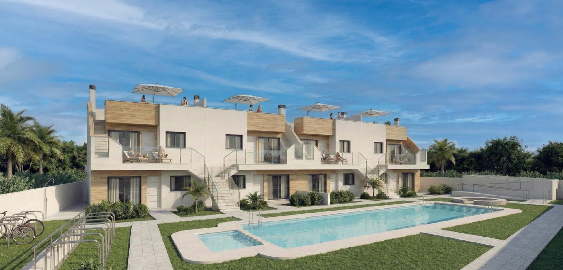 Modern Apartments and Penthouses with Solarium in San Javier Near Mar MenorPrime Location in San Javier Close to the BeachThis new residential development of 16 modern homes is located in the vibrant town of San Javier, Murcia, just 3.5 km from the calm waters of the Mar Menor. The area is well known for its year round sunshine, relaxed coastal lifestyle and excellent services. Within walking distance you will find supermarkets, restaurants, sports facilities and everyday amenities, making this an ideal place for both permanent living and holiday escapes. The Mediterranean coast is only a short 10 minute drive away, offering a wide variety of beaches and seaside promenades.Choice of Ground Floors with Garden or Top Floors with Private SolariumBuyers can choose between ground floor homes with 3 bedrooms and 2 bathrooms, one of them ensuite, featuring a front terrace and a private rear garden with summer kitchen. Alternatively, top floor properties offer 2 bedrooms and 2 bathrooms, also with one ensuite, a front terrace and a large private solarium with summer kitchen, perfect for enjoying the sun all year round. Each layout has been carefully designed to maximize outdoor living and natural light.Attractive Communal Areas for RelaxationThe residential complex includes a beautifully landscaped communal area with a swimming pool with jacuzzi zone, bicycle parking and green gardens where residents can relax and socialize in a peaceful environment.Quality Features Designed for Modern ComfortEach property is built to high standards of comfort and energy efficiency. Exterior carpentry in anthracite PVC with thermal break and double glazing provides excellent insulation and solar protection. Kitchens come fully equipped with appliances. Homes include preinstallation for ducted air conditioning and an aerothermal system for hot water, ensuring lower energy consumption. Bathrooms are delivered with vanity unit, mirror and shower screen. Each property also includes one assigned parking space.Excellent Connectivity and Nearby Points of InterestSan Javier offers excellent road connections and easy access to key destinations in the region.Mar Menor beaches 3.5 kmMediterranean beaches 10 kmRoda Golf and Mar Menor Golf 8 kmLos Alcazares Marina 7 kmMurcia Corvera Airport 30 kmAlicante Airport 75 kmZenia Boulevard Shopping Center 30 kmEnjoy the Mediterranean Lifestyle in San JavierThis development offers the perfect combination of location, comfort and outdoor living close to the sea and golf courses. Contact us today for more information or to arrange a visit to your future home in San Javier.
