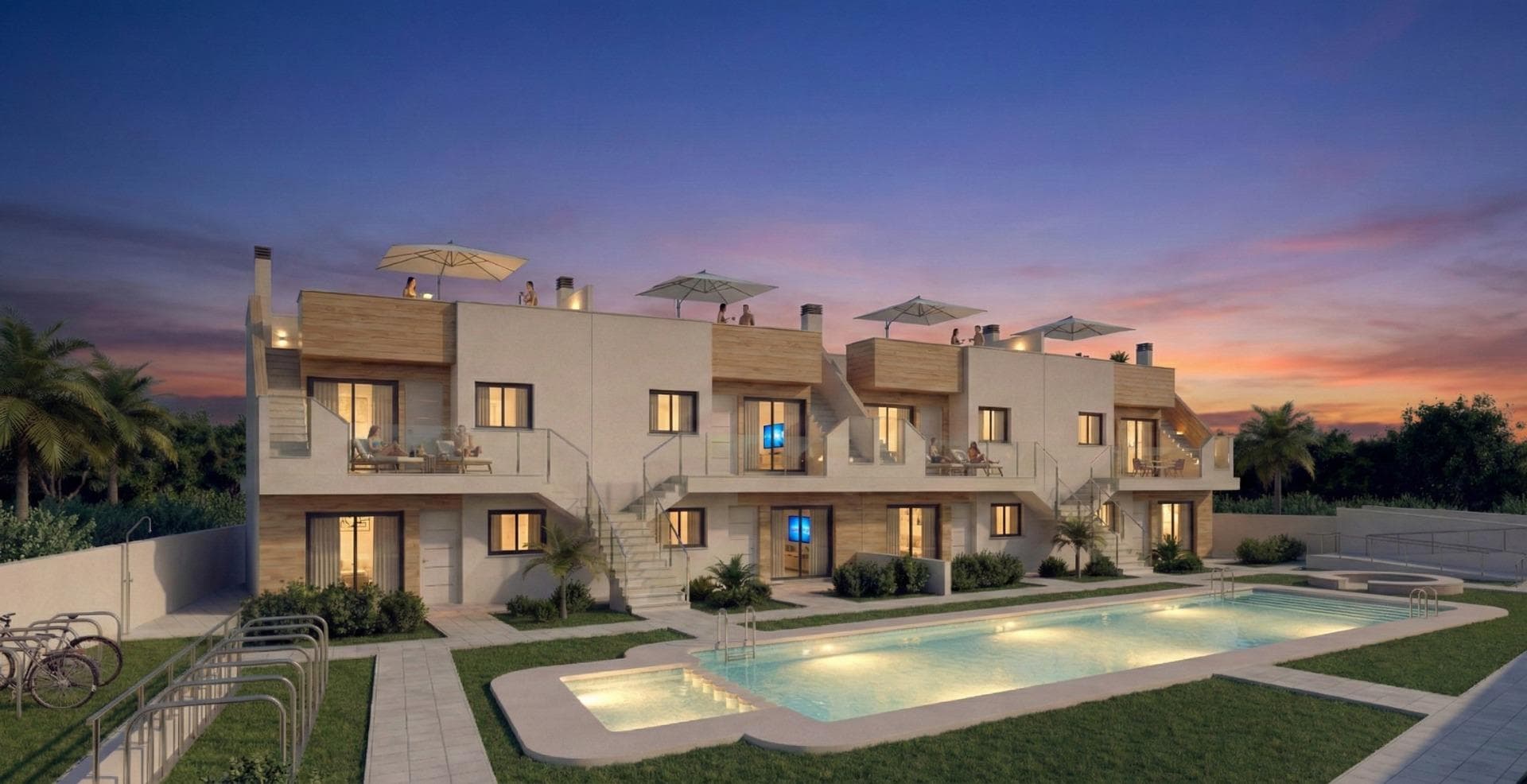 Modern Apartments and Penthouses with Solarium in San Javier Near Mar MenorPrime Location in San Javier Close to the BeachThis new residential development of 16 modern homes is located in the vibrant town of San Javier, Murcia, just 3.5 km from the calm waters of the Mar Menor. The area is well known for its year round sunshine, relaxed coastal lifestyle and excellent services. Within walking distance you will find supermarkets, restaurants, sports facilities and everyday amenities, making this an ideal place for both permanent living and holiday escapes. The Mediterranean coast is only a short 10 minute drive away, offering a wide variety of beaches and seaside promenades.Choice of Ground Floors with Garden or Top Floors with Private SolariumBuyers can choose between ground floor homes with 3 bedrooms and 2 bathrooms, one of them ensuite, featuring a front terrace and a private rear garden with summer kitchen. Alternatively, top floor properties offer 2 bedrooms and 2 bathrooms, also with one ensuite, a front terrace and a large private solarium with summer kitchen, perfect for enjoying the sun all year round. Each layout has been carefully designed to maximize outdoor living and natural light.Attractive Communal Areas for RelaxationThe residential complex includes a beautifully landscaped communal area with a swimming pool with jacuzzi zone, bicycle parking and green gardens where residents can relax and socialize in a peaceful environment.Quality Features Designed for Modern ComfortEach property is built to high standards of comfort and energy efficiency. Exterior carpentry in anthracite PVC with thermal break and double glazing provides excellent insulation and solar protection. Kitchens come fully equipped with appliances. Homes include preinstallation for ducted air conditioning and an aerothermal system for hot water, ensuring lower energy consumption. Bathrooms are delivered with vanity unit, mirror and shower screen. Each property also includes one assigned parking space.Excellent Connectivity and Nearby Points of InterestSan Javier offers excellent road connections and easy access to key destinations in the region.Mar Menor beaches 3.5 kmMediterranean beaches 10 kmRoda Golf and Mar Menor Golf 8 kmLos Alcazares Marina 7 kmMurcia Corvera Airport 30 kmAlicante Airport 75 kmZenia Boulevard Shopping Center 30 kmEnjoy the Mediterranean Lifestyle in San JavierThis development offers the perfect combination of location, comfort and outdoor living close to the sea and golf courses. Contact us today for more information or to arrange a visit to your future home in San Javier.