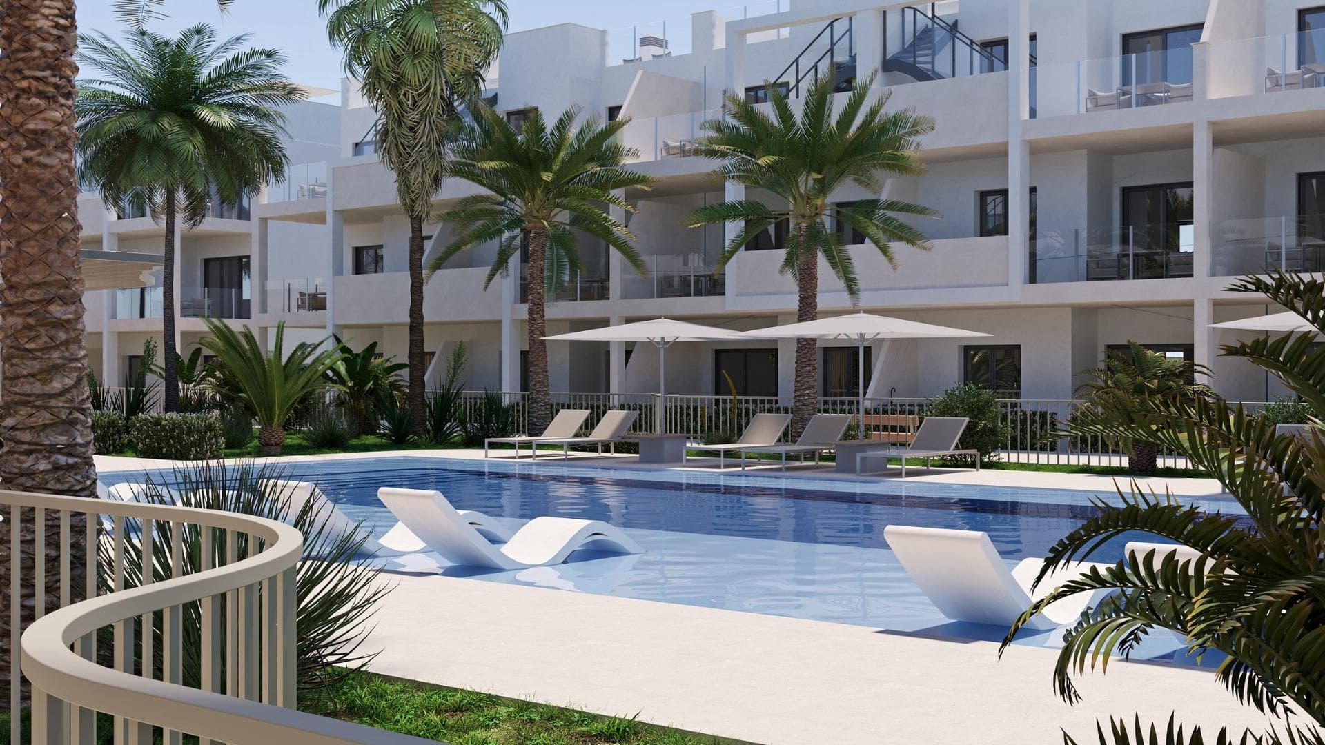Modern New Build Apartments in San Cayetano, Torrepacheco, MurciaContemporary Living in a Peaceful Mediterranean SettingThis exclusive new residential complex is located in San Cayetano, Murcia, part of the municipality of Torre Pacheco, just 9 km from the sea and surrounded by several renowned golf courses. The project combines tranquility, comfort and contemporary design, offering an ideal environment for permanent living, holiday use or investment on the Costa Calida.The development consists of 72 apartments with 2 and 3 bedrooms and 2 bathrooms, one of them ensuite, distributed across four modern buildings. A second phase with bungalows and villas is also planned, adding further value and appeal to the area.Designed Communal Areas for Relaxation and WellbeingResidents will enjoy carefully landscaped communal spaces that include two swimming pools, beautiful gardens and a fully equipped gym. These areas create a pleasant and social environment where neighbors can relax, exercise and enjoy the Mediterranean lifestyle.The residential complex also features 40 kW of photovoltaic solar panels that help support the community electricity costs, contributing to a more sustainable and energy efficient living environment.Apartments with Private Outdoor Spaces and SolariumEach apartment is designed to make the most of outdoor living. Ground floor properties include private gardens, first floor apartments offer spacious terraces, and top floor homes benefit from both a terrace and a private rooftop solarium. All properties include a summer kitchen on the terrace or solarium, perfect for enjoying the sun all year round.All homes come with an outdoor parking space and a private storage room in the basement, adding extra convenience and practicality.Quality Features and Energy Efficient InstallationsThese new build apartments are delivered with quality finishes and modern installations to ensure comfort and functionality, including:Fully fitted kitchen with appliancesFully equipped bathrooms with furniture, mirror, lighting and shower screensPreinstallation for ducted air conditioningAerothermal system for hot waterThe combination of modern materials and energy efficient systems makes these homes ideal for year round use.Excellent Location Close to Golf, Beaches and ServicesSan Cayetano is a quiet and well connected village with local amenities, shops and services. Its strategic location allows easy access to beaches, golf courses and major transport links.Key distances to points of interest include:Mar Menor beaches 9 kmRoda Golf 6 kmLa Serena Golf 14 kmLos Alcazares 10 kmCartagena 30 kmMurcia Corvera Airport 25 kmAlicante Airport 90 kmSecure Your Property in San Cayetano TodayThis modern residential complex offers an excellent opportunity to enjoy Mediterranean living in a peaceful yet well connected area. Contact us today for more information and reserve your new build apartment in San Cayetano.