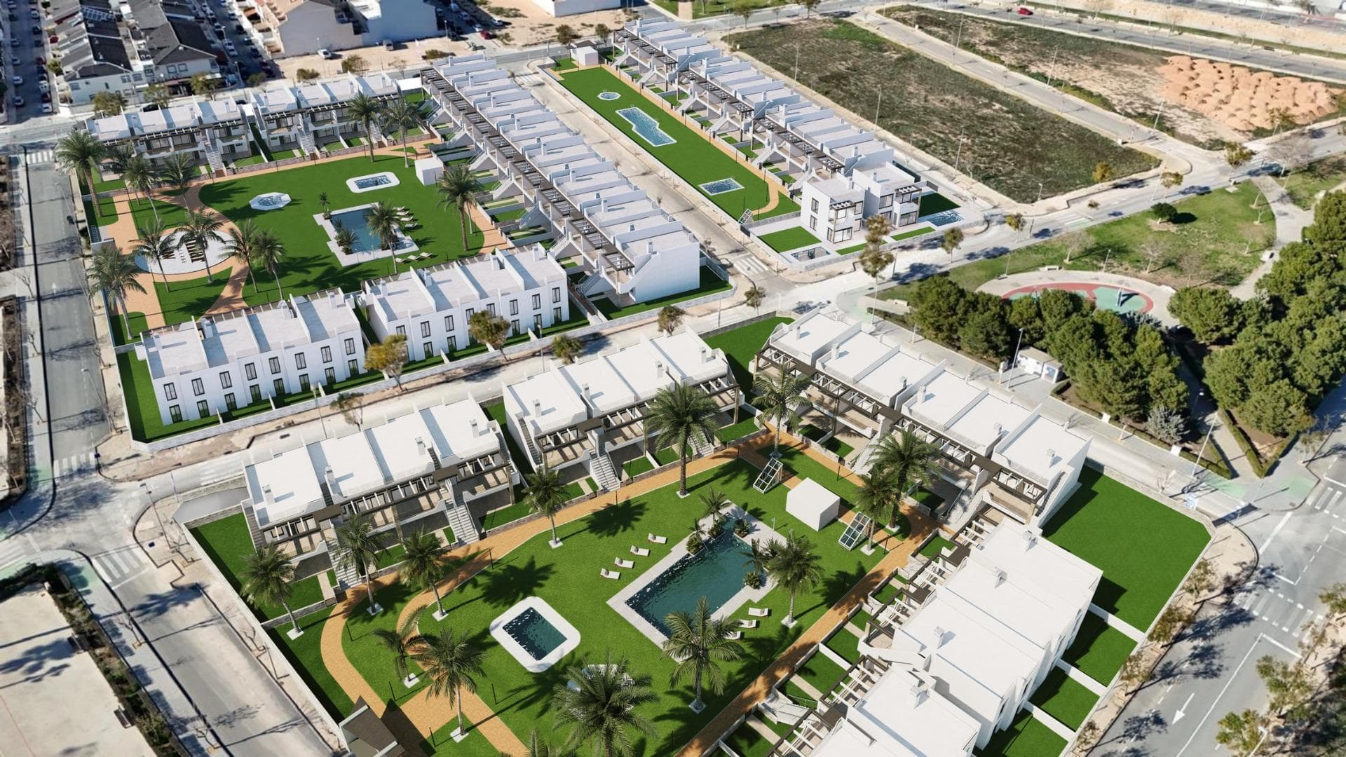 New Build Bungalows with Garden or Solarium Near the Beach in Pilar de la HoradadaModern Mediterranean Homes Designed for ComfortDiscover this exclusive new build residential complex in Pilar de la Horadada, offering contemporary bungalows located less than 2 km from the beach. Designed to combine comfort, style and functionality, these homes are ideal for year round living, holidays or as a smart investment on the Costa Blanca.The development offers a choice between ground floor bungalows with private gardens and top floor bungalows with private rooftop solariums. Each property is thoughtfully designed to maximize outdoor living and make the most of the Mediterranean climate.Spacious 2 Bedroom Properties with High Quality FinishesEach bungalow features 2 bedrooms and 2 bathrooms, one of them ensuite, along with a private parking space in the underground garage. The homes are built with quality materials and modern finishes that ensure energy efficiency and durability.Key features include:Preinstallation for ducted air conditioningAluminium exterior carpentry with double glazing and motorized shuttersSecurity entrance door for peace of mindAerothermal system for efficient hot water productionBuilt in wardrobes in all bedroomsFully equipped bathrooms with furniture and shower screensThese specifications provide a comfortable and practical home suitable for all seasons.Private Community with Pool and Landscaped GardensThe residential complex is private and secure, with beautifully landscaped communal gardens and a large communal swimming pool. This creates a pleasant and relaxing environment where residents can unwind and enjoy the excellent climate.Located just outside the town center, the development allows residents to walk to supermarkets, restaurants, bars, schools and essential services without needing a car.Excellent Location Close to Beaches and ServicesPilar de la Horadada is a charming Spanish town in the southernmost part of the Costa Blanca, known for its lively atmosphere, local shops, traditional squares and friendly community.The sandy beaches of Torre de la Horadada Beach and Mil Palmeras Beach are just 2 km away, offering fine golden sand, a scenic promenade and a marina. The area is also ideal for cycling, walking and outdoor sports.Distances to Key Points of InterestLo Romero Golf 5 kmLa Zenia Boulevard 15 kmMurcia Corvera Airport 40 kmAlicante Airport 55 kmTorre de la Horadada Marina 3 kmReserve Your New Home TodayDo not miss this opportunity to own a brand new bungalow near the beach in one of the most desirable areas of the Costa Blanca. Contact us today for more information and to arrange a visit.