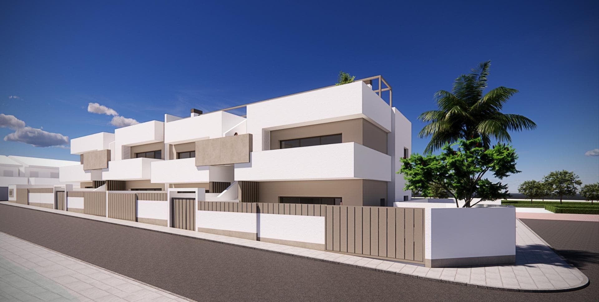 New Build Bungalows for Sale in Pilar de la Horadada 3 km from BeachBoutique Residential Development in Pilar de la HoradadaDiscover this exclusive new build residential complex of modern bungalows located in Pilar de la Horadada, the southernmost town of the Costa Blanca. This boutique project consists of only 14 carefully designed homes with 2 or 3 bedrooms and 2 bathrooms, offering an ideal combination of comfort, style and Mediterranean lifestyle.The development is situated in a quiet residential area within walking distance of the town center, allowing residents to enjoy easy access to shops, restaurants, supermarkets and essential services. Pilar de la Horadada is known for its welcoming atmosphere, traditional Spanish charm and lively main street filled with cafes, boutiques and charming squares.Modern Bungalows with Private Outdoor SpacesThe homes have been designed to offer bright interiors and functional layouts, perfect for both permanent living and holiday use.Ground floor bungalows feature a private garden and private swimming pool, creating the perfect setting to enjoy outdoor living, sunbathing or entertaining family and friends.Top floor bungalows include a spacious terrace and a private rooftop solarium. The solarium comes with a summer kitchen and offers the option to add a private pool or jacuzzi at an extra cost, making it an ideal space to relax while enjoying the warm Mediterranean climate and open views.Each property includes a private parking space within the residential complex for added convenience.Quality Construction and Modern FeaturesThese new build homes are built with quality materials and modern installations designed to ensure comfort and energy efficiency throughout the year.Aluminum exterior carpentry with thermal breakFully fitted kitchens with included appliancesBathrooms equipped with mirrors and shower screensInterior and exterior LED lightingHot water system with energy efficient aerothermal technologyPre installation for ducted air conditioningThe combination of modern design and practical features makes these homes an excellent option for buyers looking for a contemporary property on the Costa Blanca.Excellent Location Close to Beaches and GolfPilar de la Horadada enjoys a strategic location close to some of the best beaches and golf courses in the region.Torre de la Horadada beach 3 kmMil Palmeras beach 3 kmLo Romero Golf 6 kmRegion de Murcia International Airport 45 kmAlicante Elche Airport 75 kmThe area also offers excellent road connections to nearby coastal towns, marinas and leisure facilities, making it a perfect base to explore the Costa Blanca and Costa Calida.Find Your New Home on the Costa BlancaIf you are looking for a modern new build bungalow near the beach with excellent amenities and a fantastic location, this residential development in Pilar de la Horadada is an outstanding opportunity. Contact us today for more information or to schedule a visit.