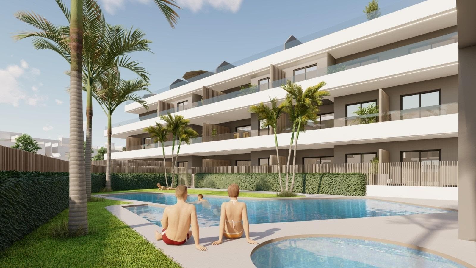New Build Apartments and Bungalows for Sale in Pilar de la Horadada Near the BeachExclusive Residential Development on the Southern Costa BlancaDiscover this modern new build residential complex located in Pilar de la Horadada, the southernmost town on the Costa Blanca. This boutique development offers a selection of contemporary apartments and bungalows designed to combine comfort, functionality and Mediterranean lifestyle.The project consists of only 26 carefully designed homes with 2 or 3 bedrooms and 2 bathrooms, making it an ideal option for both permanent residence and holiday living. The complex is located in a quiet residential area within walking distance of the town center, where residents can enjoy restaurants, cafes, supermarkets, local shops and all essential services.Pilar de la Horadada is a charming Spanish town known for its welcoming atmosphere, lively main street and beautiful plazas. With excellent connections to nearby coastal areas and golf resorts, it is a popular destination for international buyers seeking sunshine and quality of life.Apartments and Bungalows with Private Outdoor SpacesThe development offers two different property types to suit various lifestyles.The complex includes 16 modern apartments. Buyers can choose between ground floor units with private gardens, middle floor apartments with spacious terraces or penthouses with private terraces and rooftop solariums. There are also 10 bungalows available. Ground floor bungalows feature private gardens and parking within the plot, while top floor bungalows offer terraces and private solariums.There are optional parkings and storages at underground for an extra cost.All homes have been designed with bright interiors, open layouts and comfortable living areas that extend naturally to the outdoor spaces.Quality Construction and Modern FeaturesThe homes are built with high quality materials and modern systems to ensure comfort and energy efficiency throughout the year.Furnished kitchensFully equipped bathrooms with shower screens and underfloor heatingEnergy efficient aerothermal hot water systemPre installation for ducted air conditioningResidents also benefit from a communal swimming pool surrounded by landscaped gardens and sunbathing areas, creating a relaxing environment to enjoy the Mediterranean climate.Excellent Location Close to Beaches and GolfThe development enjoys a strategic location close to some of the best beaches and golf courses in the region.Torre de la Horadada beach 3 kmMil Palmeras beach 3 kmLo Romero Golf 6 kmRegion de Murcia International Airport 45 kmAlicante Elche Airport 75 kmThe area also offers excellent road connections to nearby coastal towns, marinas and leisure facilities along both the Costa Blanca and Costa Calida.Find Your New Home in Pilar de la HoradadaThis attractive new build residential complex offers modern homes, quality finishes and a fantastic location close to the beach. Contact us today for more information or to arrange a visit and secure your new property on the Costa Blanca.