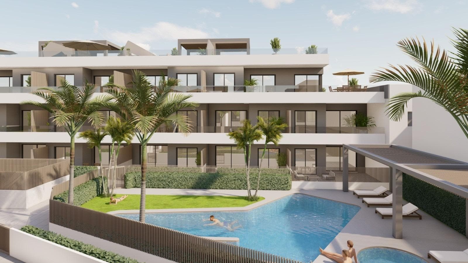 New Build Apartments and Bungalows for Sale in Pilar de la Horadada Near the BeachExclusive Residential Development on the Southern Costa BlancaDiscover this modern new build residential complex located in Pilar de la Horadada, the southernmost town on the Costa Blanca. This boutique development offers a selection of contemporary apartments and bungalows designed to combine comfort, functionality and Mediterranean lifestyle.The project consists of only 26 carefully designed homes with 2 or 3 bedrooms and 2 bathrooms, making it an ideal option for both permanent residence and holiday living. The complex is located in a quiet residential area within walking distance of the town center, where residents can enjoy restaurants, cafes, supermarkets, local shops and all essential services.Pilar de la Horadada is a charming Spanish town known for its welcoming atmosphere, lively main street and beautiful plazas. With excellent connections to nearby coastal areas and golf resorts, it is a popular destination for international buyers seeking sunshine and quality of life.Apartments and Bungalows with Private Outdoor SpacesThe development offers two different property types to suit various lifestyles.The complex includes 16 modern apartments. Buyers can choose between ground floor units with private gardens, middle floor apartments with spacious terraces or penthouses with private terraces and rooftop solariums. There are also 10 bungalows available. Ground floor bungalows feature private gardens and parking within the plot, while top floor bungalows offer terraces and private solariums.There are optional parkings and storages at underground for an extra cost.All homes have been designed with bright interiors, open layouts and comfortable living areas that extend naturally to the outdoor spaces.Quality Construction and Modern FeaturesThe homes are built with high quality materials and modern systems to ensure comfort and energy efficiency throughout the year.Furnished kitchensFully equipped bathrooms with shower screens and underfloor heatingEnergy efficient aerothermal hot water systemPre installation for ducted air conditioningResidents also benefit from a communal swimming pool surrounded by landscaped gardens and sunbathing areas, creating a relaxing environment to enjoy the Mediterranean climate.Excellent Location Close to Beaches and GolfThe development enjoys a strategic location close to some of the best beaches and golf courses in the region.Torre de la Horadada beach 3 kmMil Palmeras beach 3 kmLo Romero Golf 6 kmRegion de Murcia International Airport 45 kmAlicante Elche Airport 75 kmThe area also offers excellent road connections to nearby coastal towns, marinas and leisure facilities along both the Costa Blanca and Costa Calida.Find Your New Home in Pilar de la HoradadaThis attractive new build residential complex offers modern homes, quality finishes and a fantastic location close to the beach. Contact us today for more information or to arrange a visit and secure your new property on the Costa Blanca.