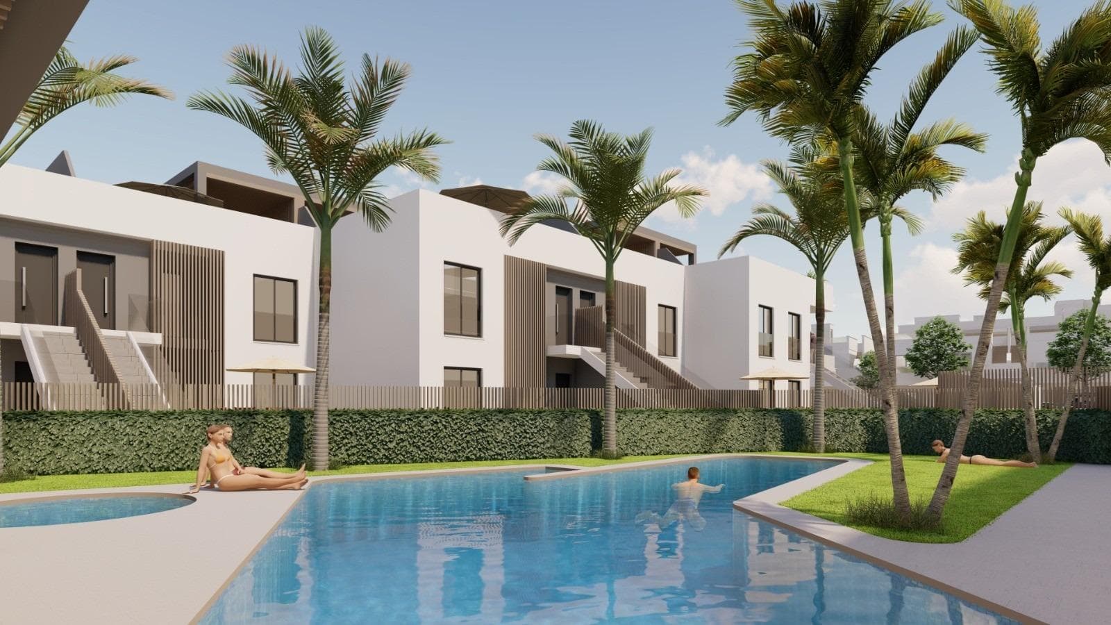 New Build Apartments and Bungalows for Sale in Pilar de la Horadada Near the BeachExclusive Residential Development on the Southern Costa BlancaDiscover this modern new build residential complex located in Pilar de la Horadada, the southernmost town on the Costa Blanca. This boutique development offers a selection of contemporary apartments and bungalows designed to combine comfort, functionality and Mediterranean lifestyle.The project consists of only 26 carefully designed homes with 2 or 3 bedrooms and 2 bathrooms, making it an ideal option for both permanent residence and holiday living. The complex is located in a quiet residential area within walking distance of the town center, where residents can enjoy restaurants, cafes, supermarkets, local shops and all essential services.Pilar de la Horadada is a charming Spanish town known for its welcoming atmosphere, lively main street and beautiful plazas. With excellent connections to nearby coastal areas and golf resorts, it is a popular destination for international buyers seeking sunshine and quality of life.Apartments and Bungalows with Private Outdoor SpacesThe development offers two different property types to suit various lifestyles.The complex includes 16 modern apartments. Buyers can choose between ground floor units with private gardens, middle floor apartments with spacious terraces or penthouses with private terraces and rooftop solariums. There are also 10 bungalows available. Ground floor bungalows feature private gardens and parking within the plot, while top floor bungalows offer terraces and private solariums.There are optional parkings and storages at underground for an extra cost.All homes have been designed with bright interiors, open layouts and comfortable living areas that extend naturally to the outdoor spaces.Quality Construction and Modern FeaturesThe homes are built with high quality materials and modern systems to ensure comfort and energy efficiency throughout the year.Furnished kitchensFully equipped bathrooms with shower screens and underfloor heatingEnergy efficient aerothermal hot water systemPre installation for ducted air conditioningResidents also benefit from a communal swimming pool surrounded by landscaped gardens and sunbathing areas, creating a relaxing environment to enjoy the Mediterranean climate.Excellent Location Close to Beaches and GolfThe development enjoys a strategic location close to some of the best beaches and golf courses in the region.Torre de la Horadada beach 3 kmMil Palmeras beach 3 kmLo Romero Golf 6 kmRegion de Murcia International Airport 45 kmAlicante Elche Airport 75 kmThe area also offers excellent road connections to nearby coastal towns, marinas and leisure facilities along both the Costa Blanca and Costa Calida.Find Your New Home in Pilar de la HoradadaThis attractive new build residential complex offers modern homes, quality finishes and a fantastic location close to the beach. Contact us today for more information or to arrange a visit and secure your new property on the Costa Blanca.