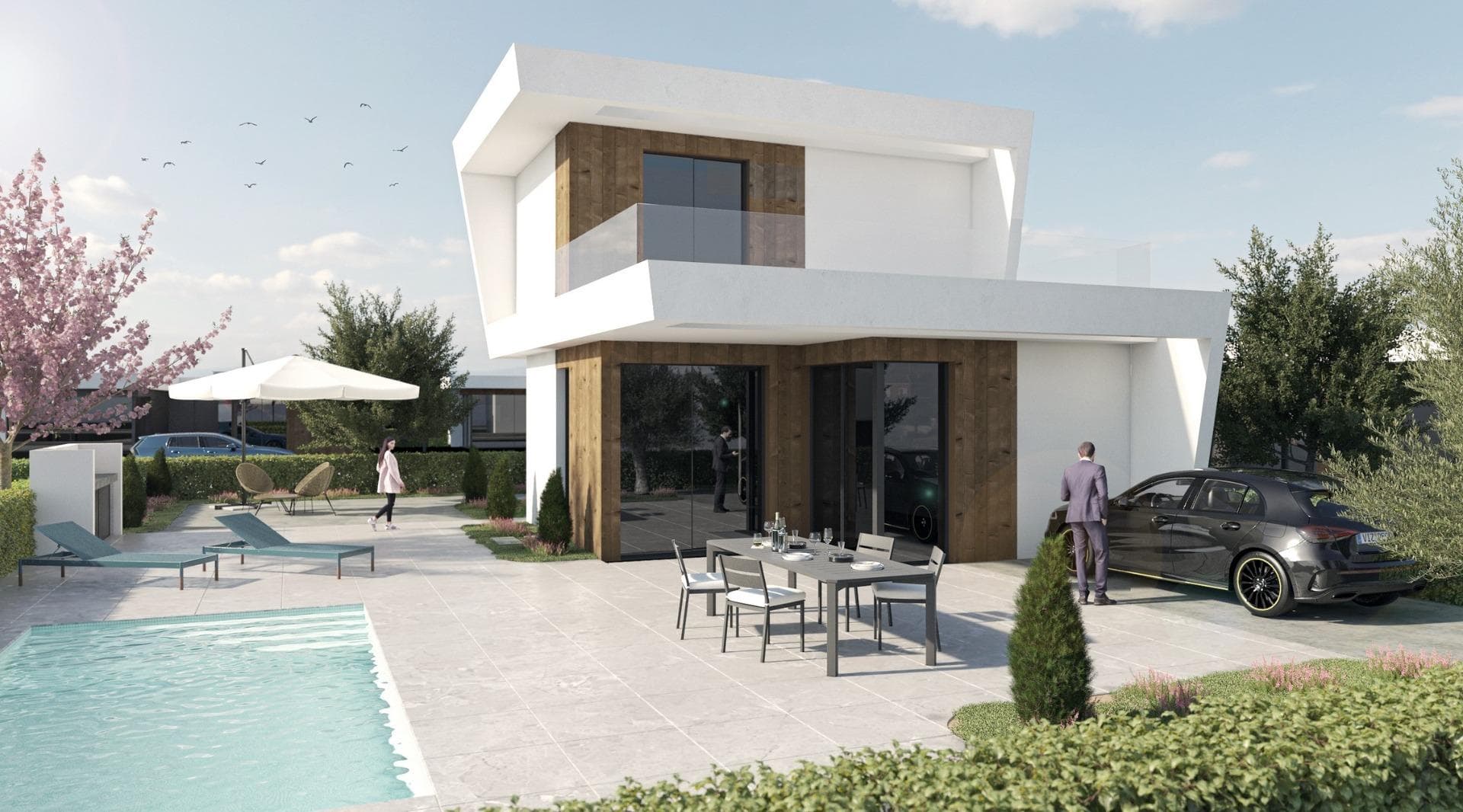 New Build Villas in Altaona Golf Resort Murcia with Private Pool and Mountain ViewsContemporary Villas in Altaona Golf Resort MurciaDiscover an exclusive new development of modern villas located in Altaona Golf Resort, one of the most attractive residential areas in Murcia. Surrounded by natural landscapes and mountains, this secure golf resort offers a peaceful environment while being just a short drive from the city of Murcia and the Mediterranean coast.These new build villas are designed to provide comfort, privacy and a relaxed Mediterranean lifestyle. The development offers a selection of villas on one level with optional solarium or two level layouts, all featuring three bedrooms and two bathrooms, including a master bedroom with en suite bathroom.Spacious Design with Private Gardens and PoolEach villa is built on a private plot starting from 300 m2, offering ample outdoor space to enjoy the sunshine all year round. The properties include a private swimming pool, landscaped garden areas and on plot parking.The interior layout is designed to maximize natural light and create a seamless connection between indoor and outdoor living. Open plan living and dining areas connect directly to the terrace and pool, creating the perfect setting for relaxing or entertaining family and friends.Quality Finishes and Modern FeaturesThese villas are built using high quality materials and modern construction techniques to ensure comfort and energy efficiency. Features include a reinforced security entrance door, fully fitted kitchen with appliances, underfloor heating in bathrooms and interior LED lighting package.Additional specifications include pre installation for ducted air conditioning and hot water production via an energy efficient aerothermal system, providing both sustainability and cost savings.Prime Location Close to Golf, City and CoastAltaona Golf Resort is known for its 18 hole golf course, peaceful surroundings and excellent security, making it ideal for both permanent living and holiday homes. The resort offers a unique combination of nature, sport and proximity to key destinations.Murcia city center is located just 15 km away, offering a wide range of shops, restaurants, cultural attractions and services. The beaches of the Mar Menor and the Mediterranean coast are approximately 20 km away, perfect for enjoying sunny days by the sea.Other key distances include Murcia Corvera Airport 15 km, Cartagena city 35 km and several golf courses within a short drive, making this an ideal location for golf lovers and international buyers.Ideal Investment and Mediterranean Lifestyle OpportunityThese new build villas in Altaona Golf Resort offer an excellent opportunity to enjoy a high quality lifestyle in a natural and secure environment, with easy access to both the city and the coast.Contact us today for more information or to arrange a viewing and discover your new home in Murcia.